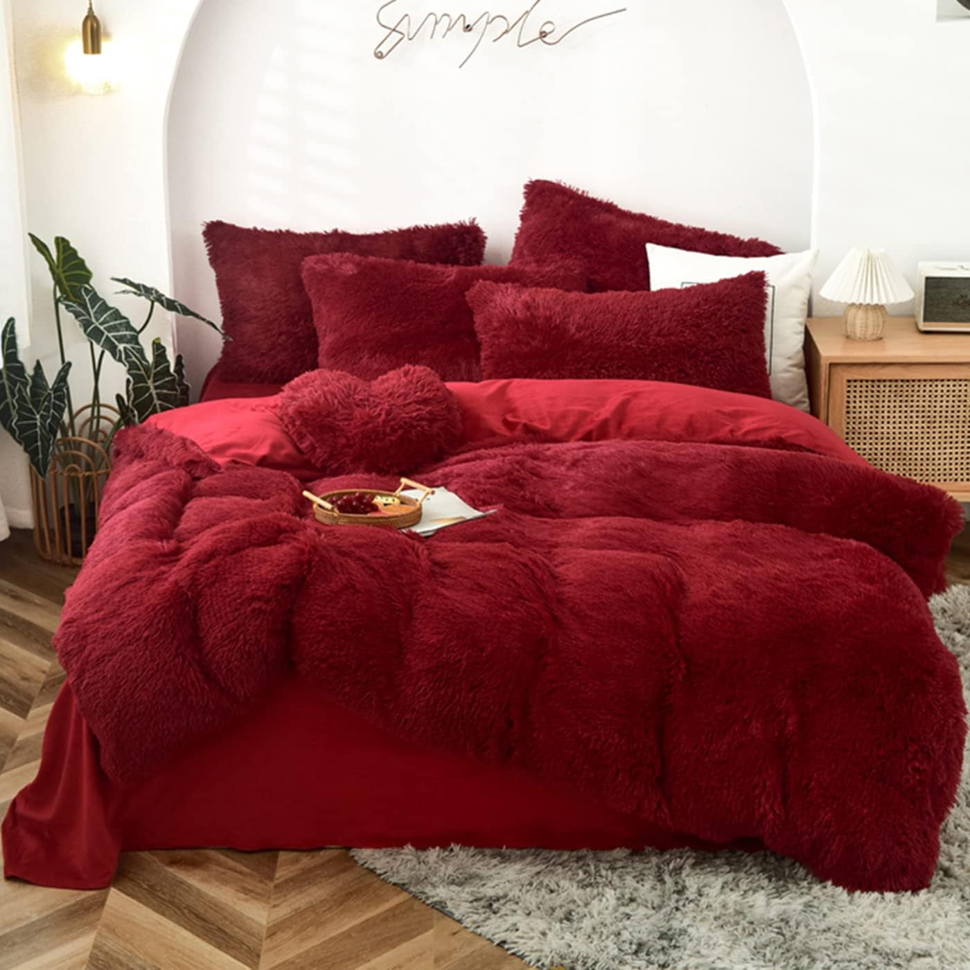 5 PCS Shaggy Duvet Cover Bedding Set - Fluffy Comforter Cover Long Faux Fur Luxury Ultra Soft Cozy (Dark Red, King/California King)