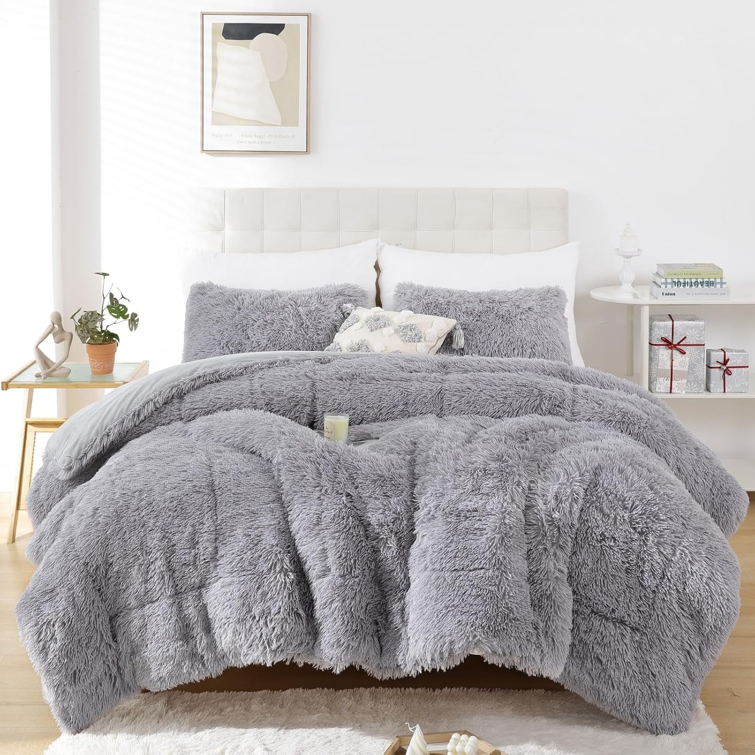 Fluffy King Size Comforter Set, Faux Fur Comforter Set, Luxury Fuzzy King Bedding Set, Soft Shaggy Bed Set for All Season, 3 Pieces - 1 Comforter & 2 Pillowcases, Grey