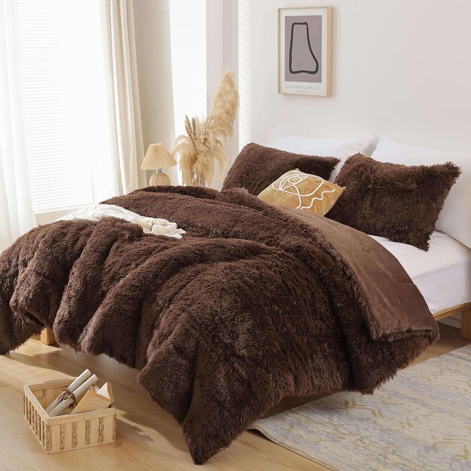 Fluffy Full Size Comforter Set, Faux Fur Comforter Set, Luxury Fuzzy Bedding Set, Soft Shaggy Full Bed Set for All Season, 3 Pieces - 1 Comforter & 2 Pillowcases, Coffee