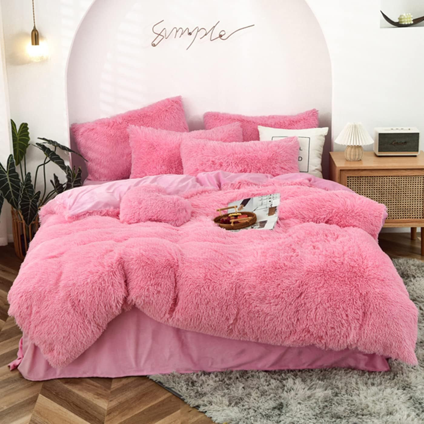 5 PCS Shaggy Duvet Cover Bedding Set - Long Faux Fur Luxury Ultra Soft (Pink, Full/Queen)