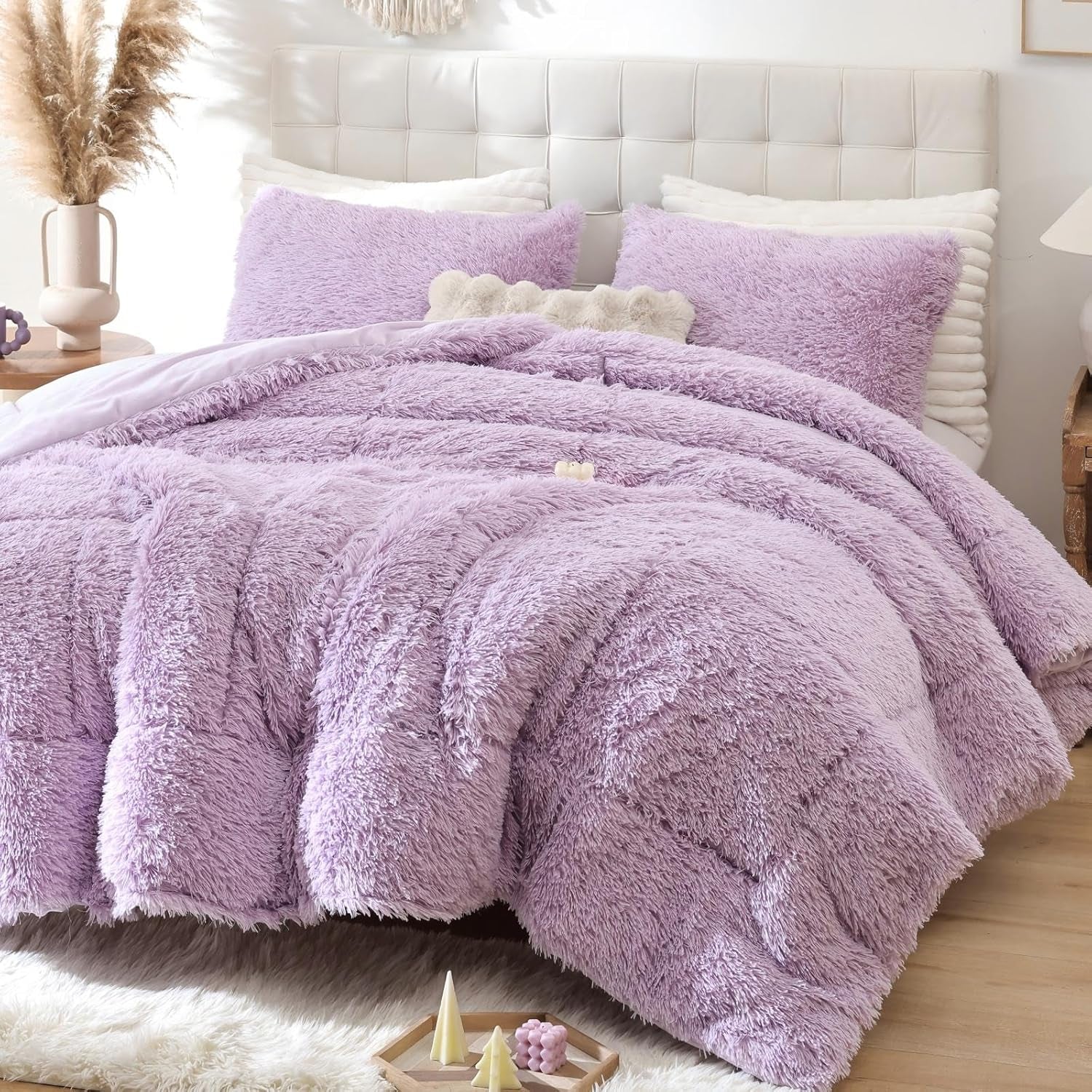 Fluffy King Size Comforter Set, Faux Fur Comforter Set, Luxury Fuzzy King Bedding Set, Soft Shaggy Bed Set for All Season, 3 Pieces - 1 Comforter & 2 Pillowcases, Lavender Purple