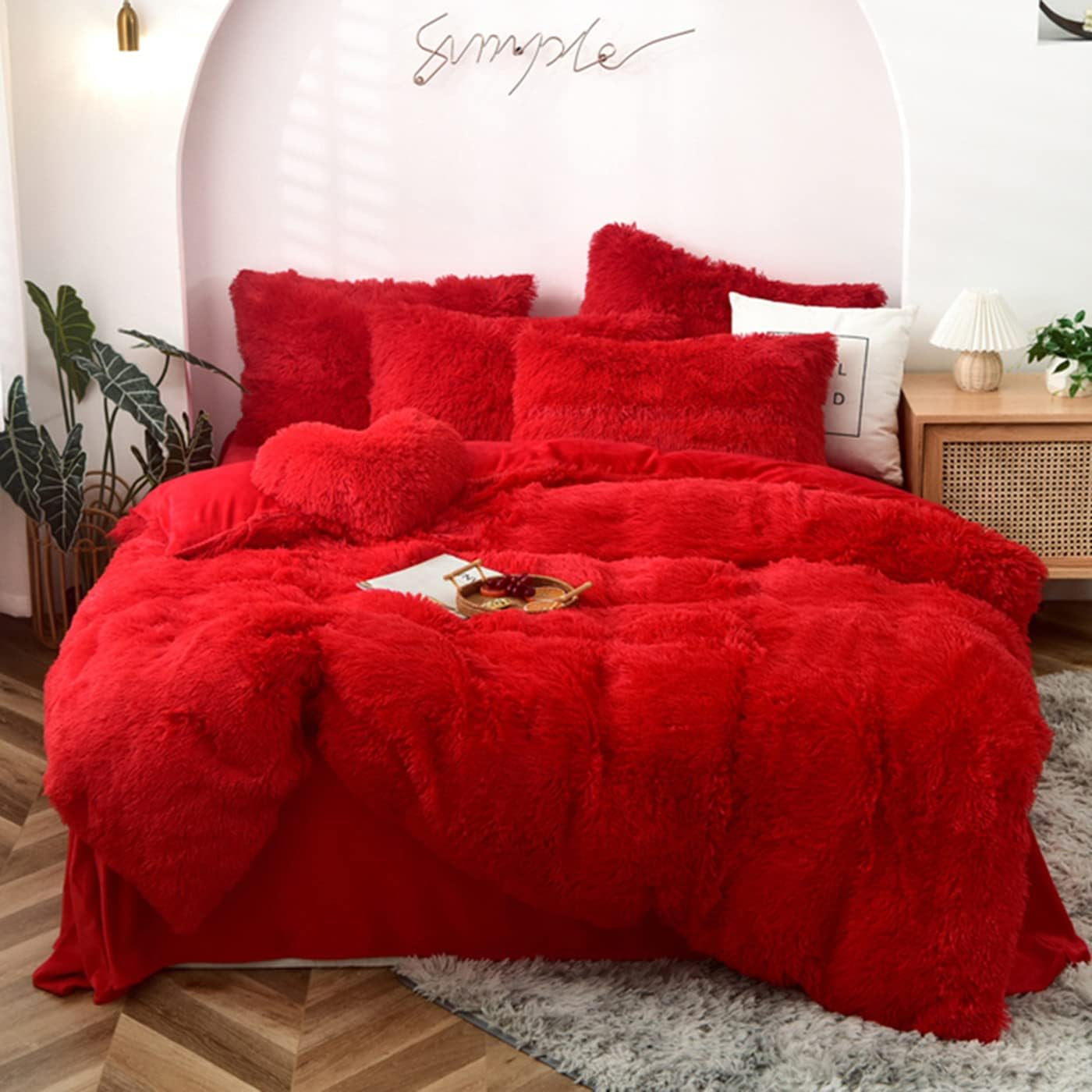 5 PCS Shaggy Duvet Cover Bedding Set - Long Faux Fur Luxury Ultra Soft (Red, Full/Queen)