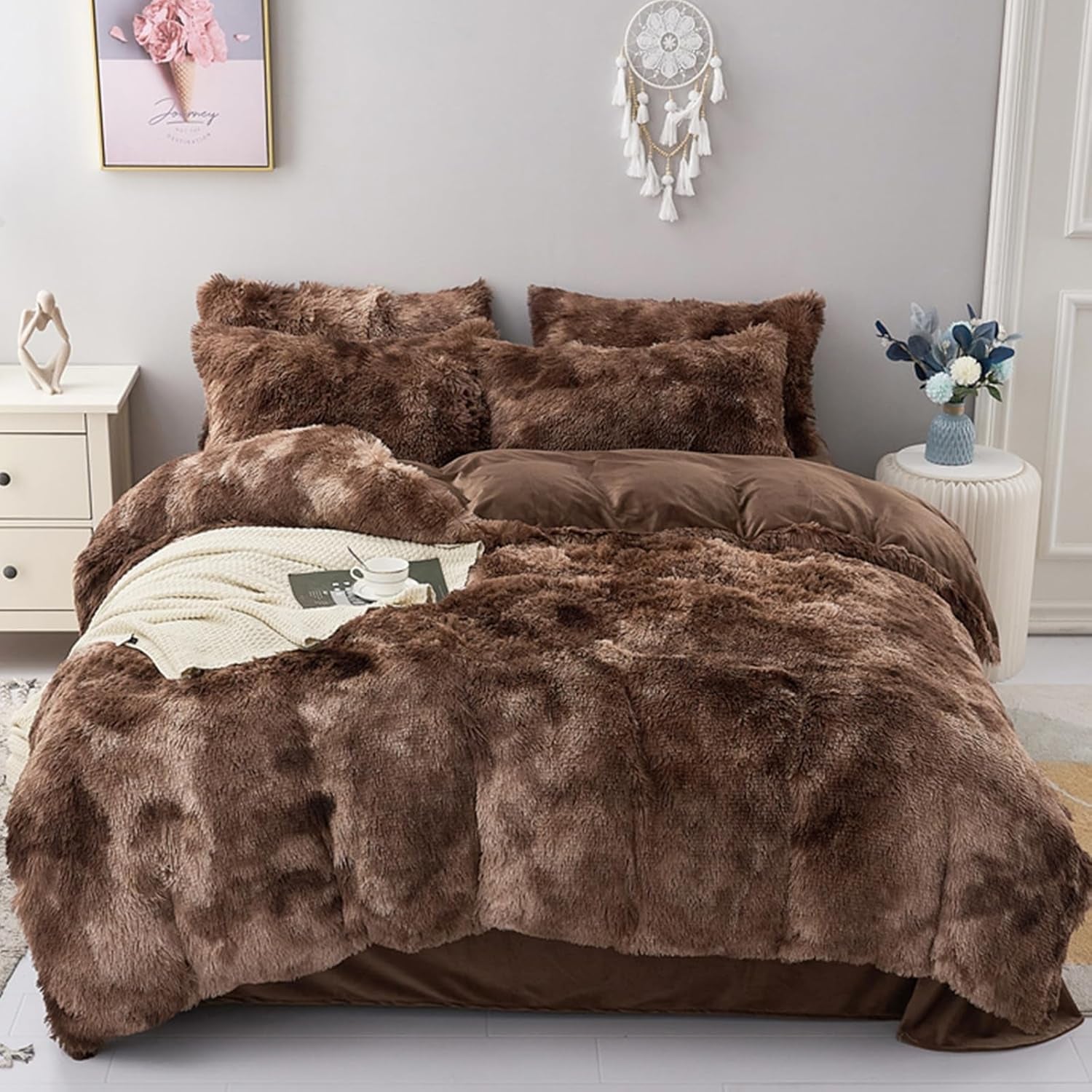 5 PCS Shaggy Duvet Cover Bedding Set - Fluffy Comforter Cover Long Faux Fur Luxury Ultra Soft Cozy (Marble Brown, King/California King)