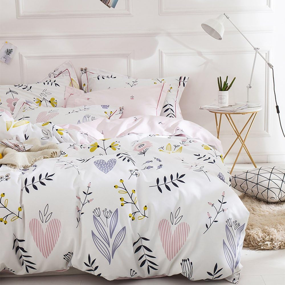 Soft Cartoon Floral Bedding Aesthetic Girls Duvet Cover Full Queen Pink Cotton Floral Comforter Cover for Toddler Women Kids Teen Bed Reversible Shabby Chic Flower Kawaii Bedding, No Comforter