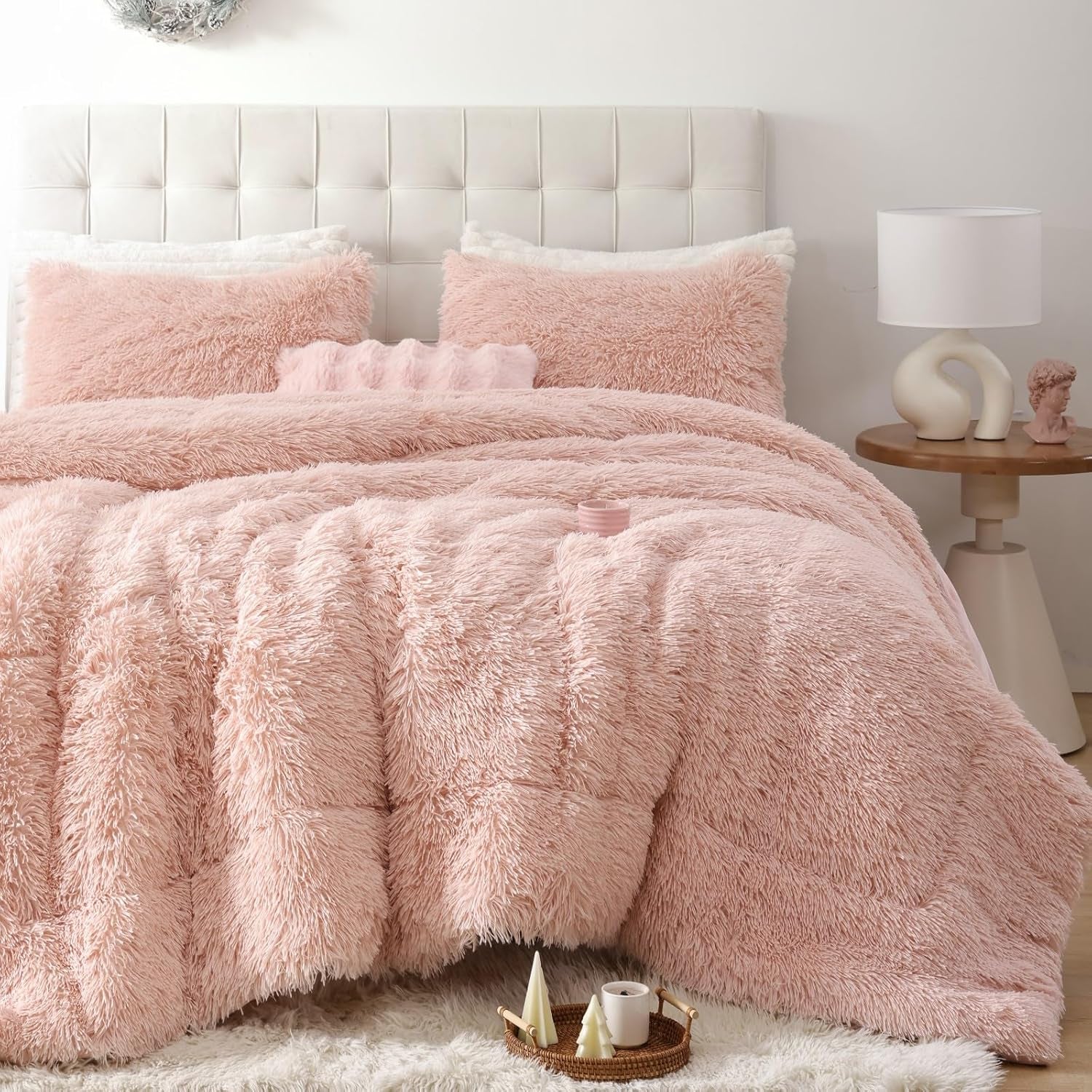 Fluffy King Size Comforter Set, Faux Fur Pink Comforter Set, Luxury Fuzzy King Bedding Set, Soft Shaggy Bed Set for All Season, 3 Pieces - 1 Comforter & 2 Pillowcases, Blush