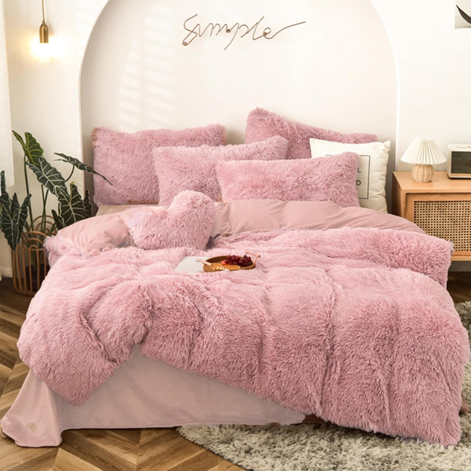 5 PCS Shaggy Duvet Cover Bedding Set - Fluffy Comforter Cover Long Faux Fur Luxury Ultra Soft Cozy (Blush, Full/Queen)