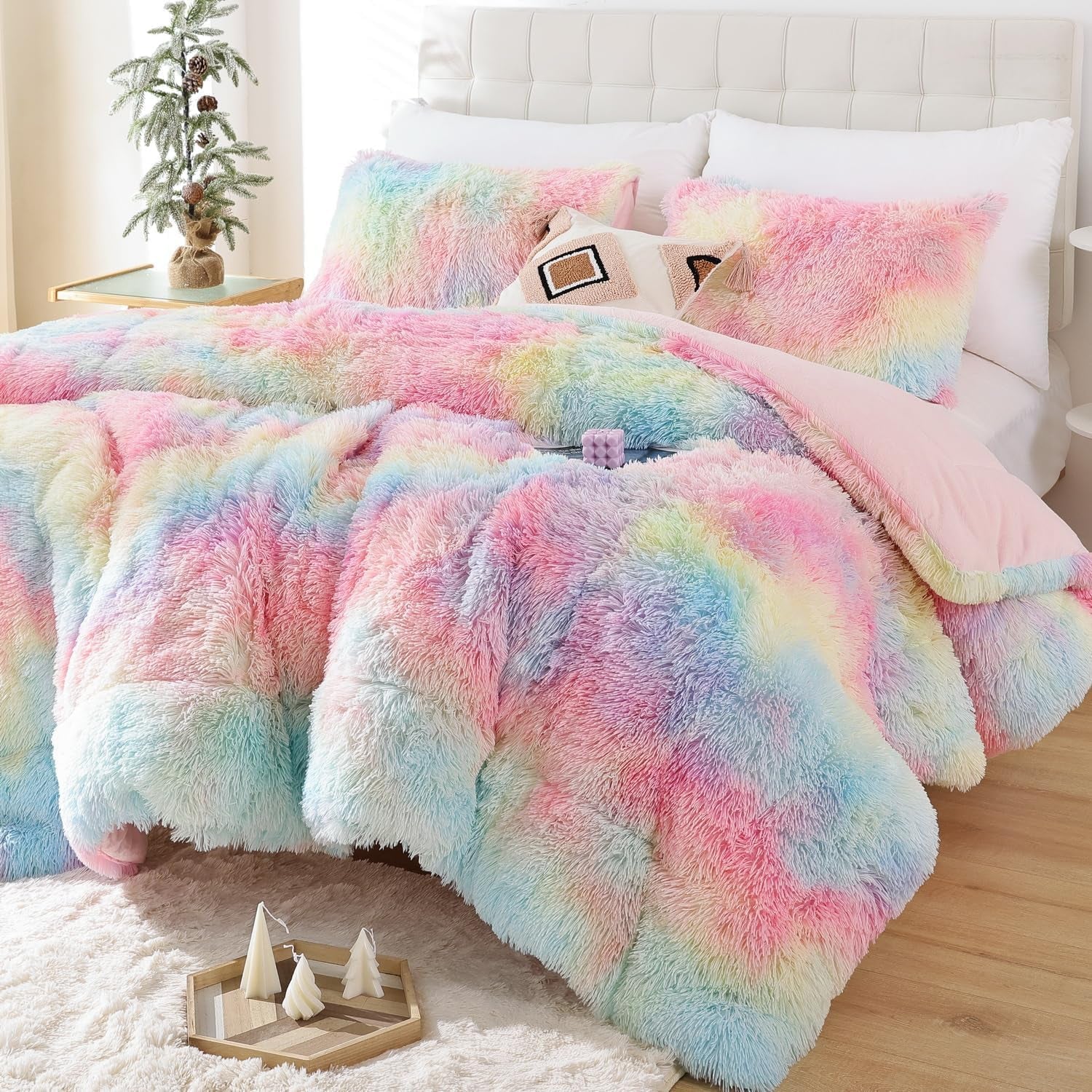 Fluffy Full Size Comforter Set, Faux Fur Pink Comforter Set, Luxury Fuzzy Bedding Set, Soft Shaggy Full Bed Set for All Season, 3 Pieces - 1 Comforter & 2 Pillowcases, Tie-Dye Pink