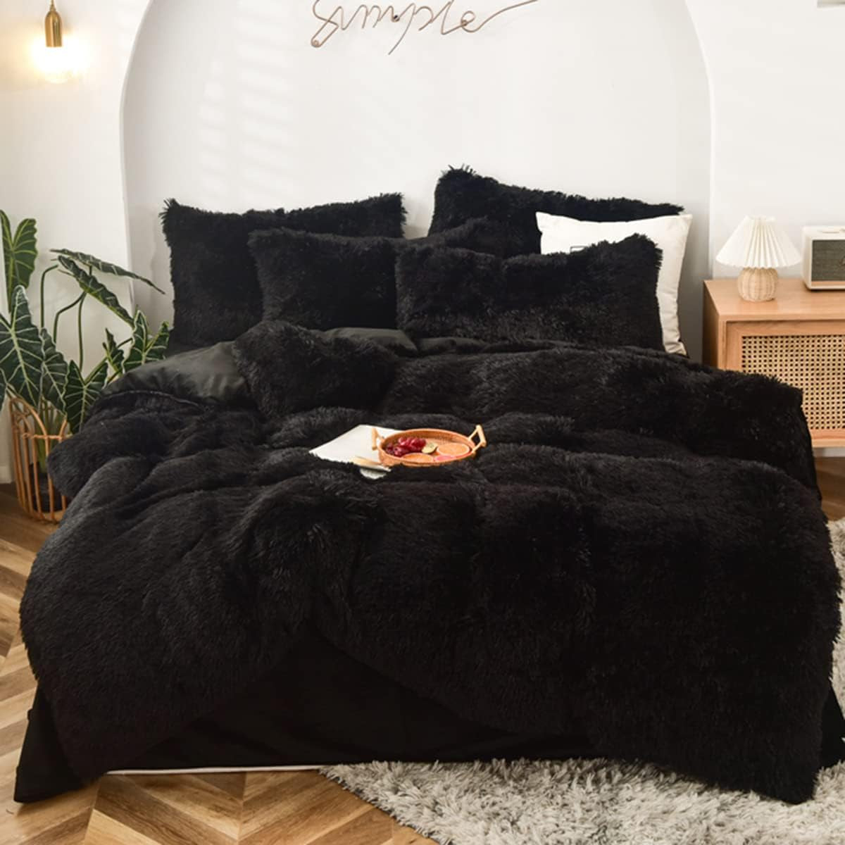 5 PCS Shaggy Duvet Cover Bedding Set - Fluffy Comforter Cover Long Faux Fur Luxury Ultra Soft Cozy (Black, Full/Queen)