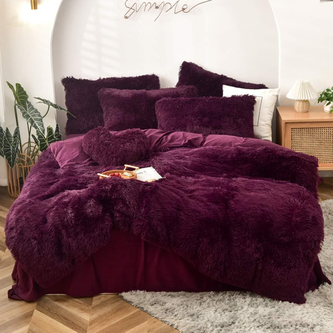 5 PCS Shaggy Duvet Cover Bedding Set - Fluffy Comforter Cover Long Faux Fur Luxury Ultra Soft Cozy (Maroon, Full/Queen)