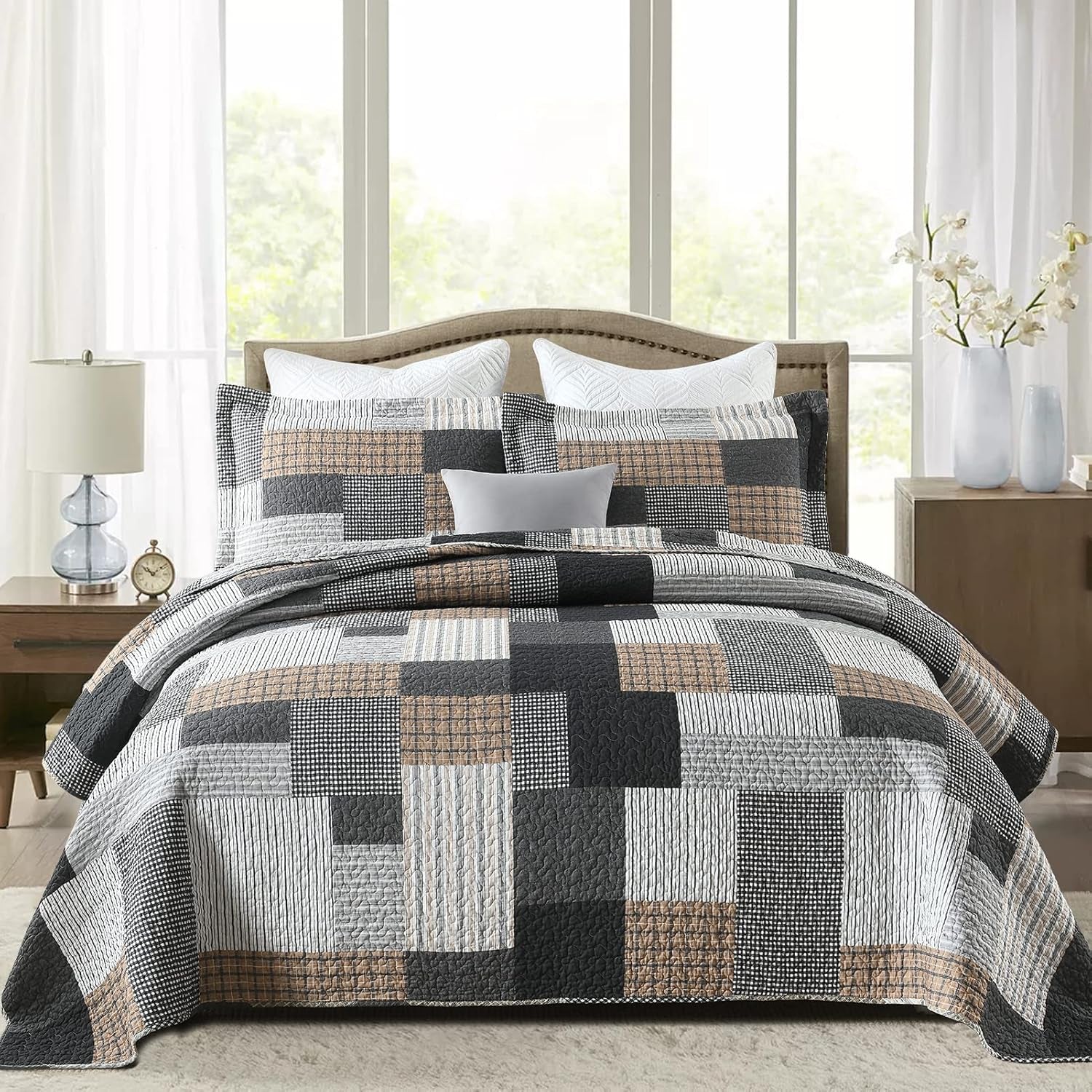 Quilt King Size - 3 Piece Cotton Quilts Lightweight Bedspreads Farmhouse Plaid King Size Quilt Cozy Reversible Quilt Bedding Set All Season, Grey Black Brown White