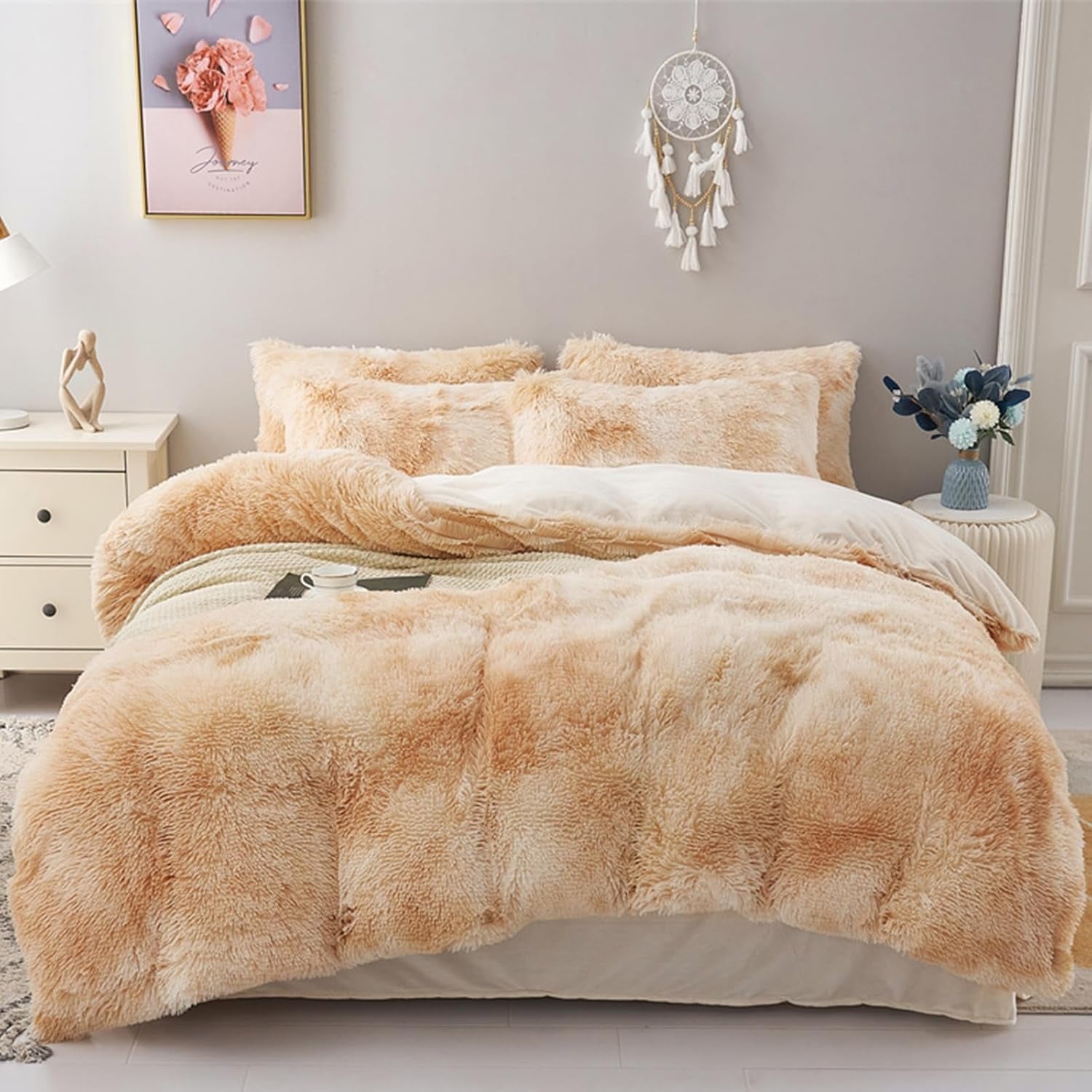 5 PCS Shaggy Duvet Cover Bedding Set - Fluffy Comforter Cover Long Faux Fur Luxury Ultra Soft Cozy (Marble Beige, Full/Queen)