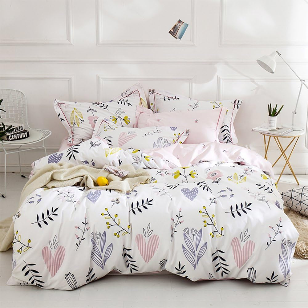 Soft Cartoon Floral Bedding Aesthetic Girls Duvet Cover Full Queen Pink Cotton Floral Comforter Cover for Toddler Women Kids Teen Bed Reversible Shabby Chic Flower Kawaii Bedding, No Comforter