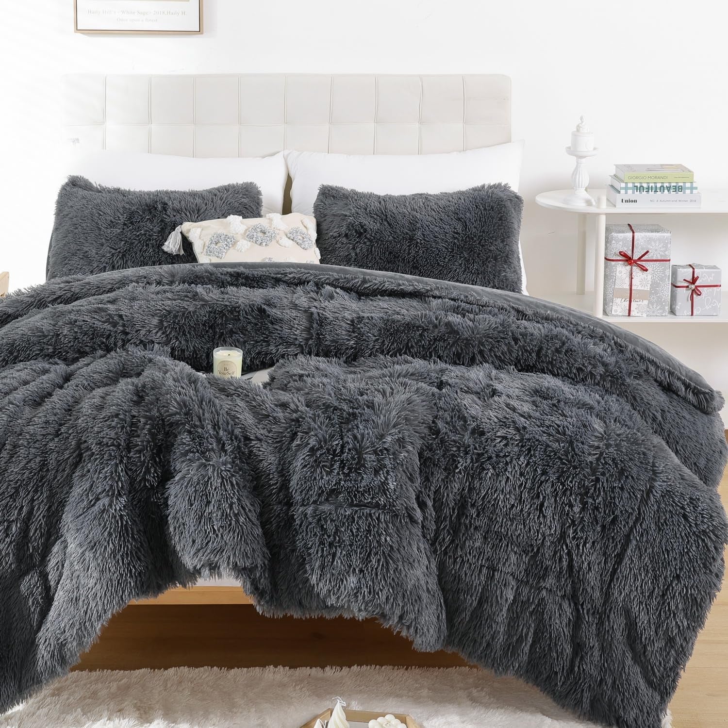 Fluffy Queen Comforter Set, Faux Fur Comforter Set Queen Size, Luxury Fuzzy Bedding Set, Soft Shaggy Bed Set for All Season, 3 Pieces - 1 Comforter & 2 Pillowcases, Dark Grey