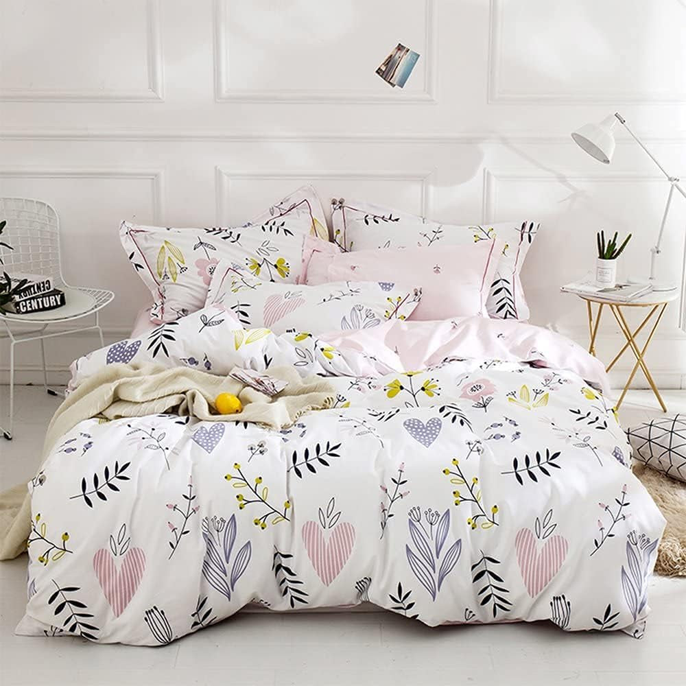 Soft Cartoon Floral Bedding Aesthetic Girls Duvet Cover Full Queen Pink Cotton Floral Comforter Cover for Toddler Women Kids Teen Bed Reversible Shabby Chic Flower Kawaii Bedding, No Comforter