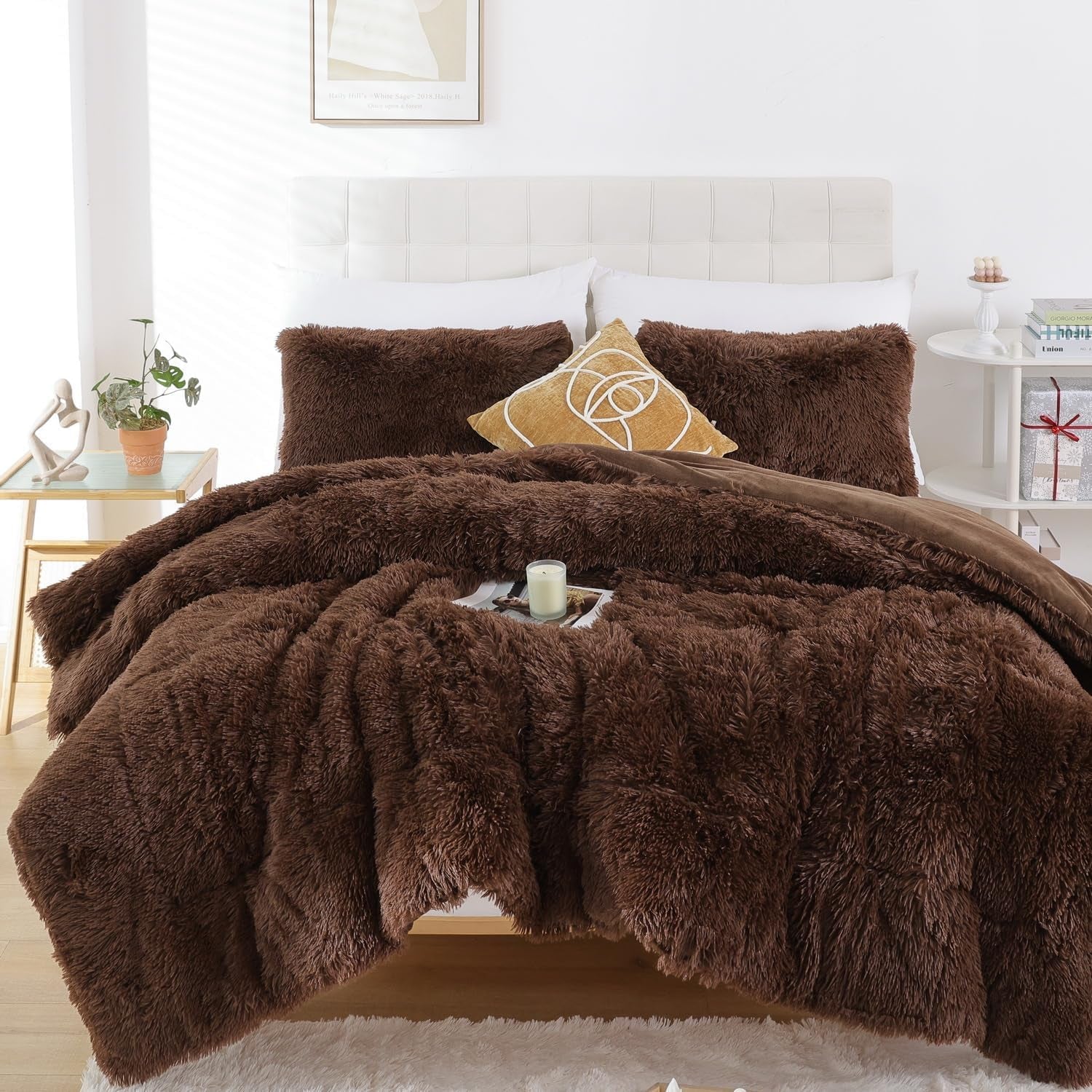 Fluffy Queen Comforter Set, Faux Fur Comforter Set Queen Size, Luxury Fuzzy Bedding Set, Soft Shaggy Bed Set for All Season, 3 Pieces - 1 Comforter & 2 Pillowcases, Coffee