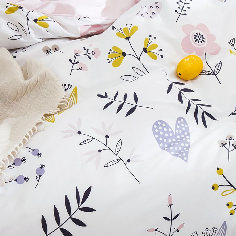 Soft Cartoon Floral Bedding Aesthetic Girls Duvet Cover Full Queen Pink Cotton Floral Comforter Cover for Toddler Women Kids Teen Bed Reversible Shabby Chic Flower Kawaii Bedding, No Comforter