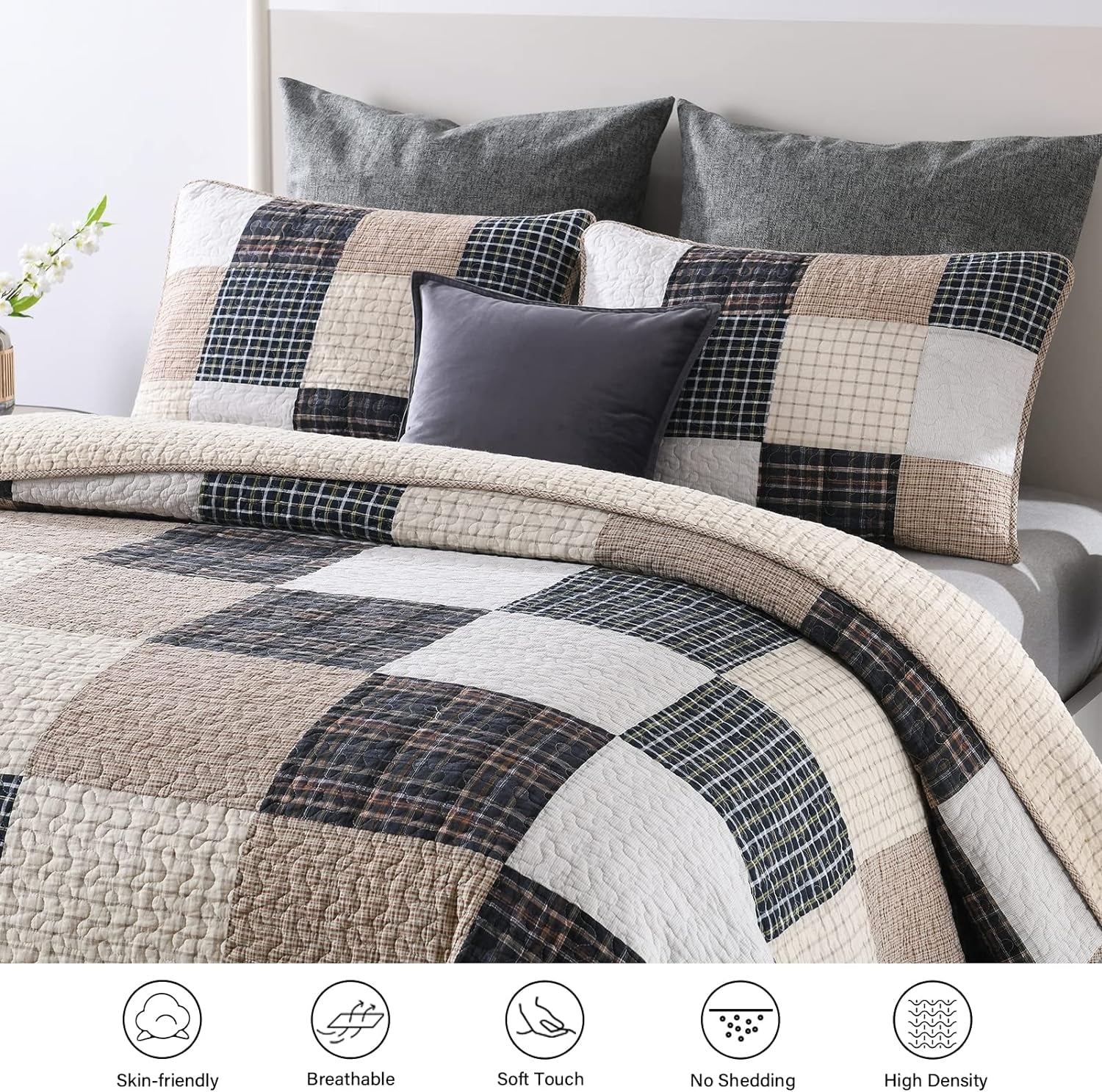Quilt King Size - 3 Piece Cotton Quilts Lightweight Bedspreads Farmhouse Plaid King Size Quilt Cozy Reversible Quilt Bedding Set All Season, Grey Black Brown White