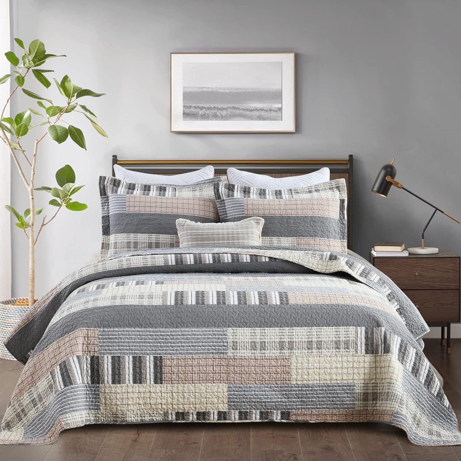 Quilts Queen Size - 100% Cotton Brown Grey Queen Quilt Farmhouse Plaid Quilted Bedspread, 3 Pieces Lightweight Reversible Queen Size Quilt Bedding Set for All Season