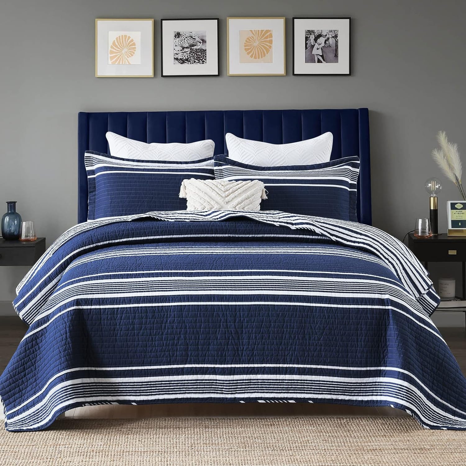 Quilt King Size - 100% Cotton King Size Bedspread, Navy Blue Striped Quilt for King Bed, Lightweight Reversible All Season, 3-Piece