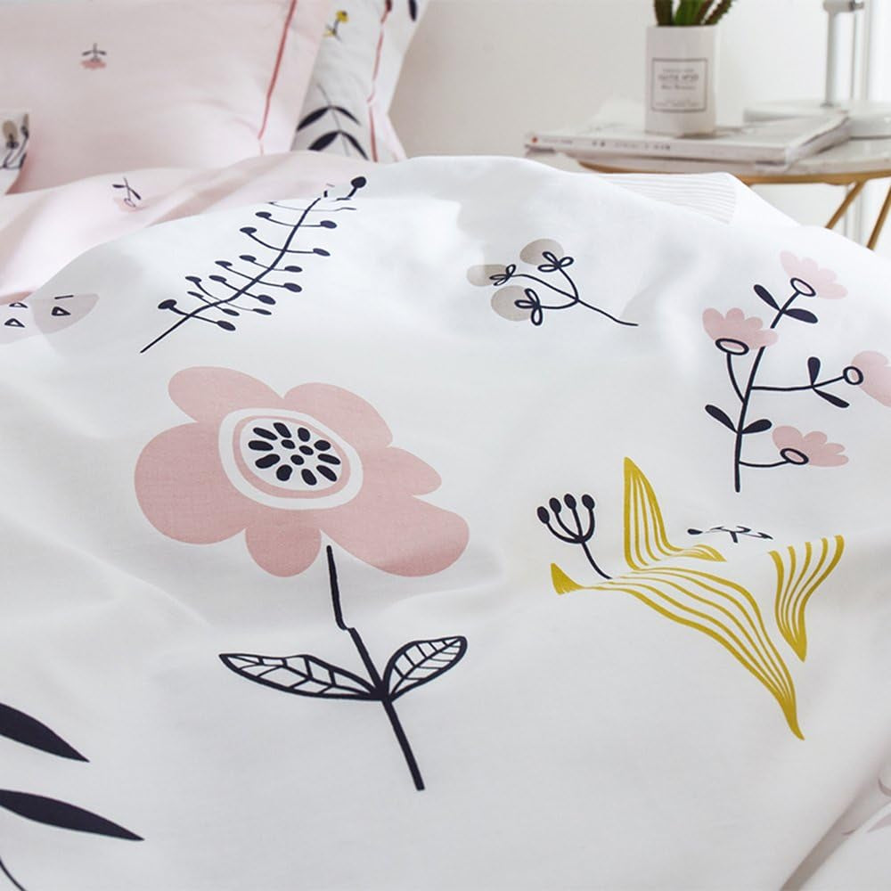 Soft Cartoon Floral Bedding Aesthetic Girls Duvet Cover Full Queen Pink Cotton Floral Comforter Cover for Toddler Women Kids Teen Bed Reversible Shabby Chic Flower Kawaii Bedding, No Comforter