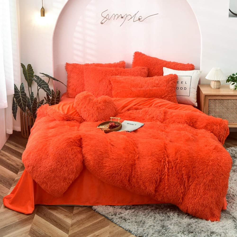5 PCS Shaggy Duvet Cover Bedding Set - Fluffy Comforter Cover Long Faux Fur Luxury Ultra Soft Cozy (Orange, King/California King)