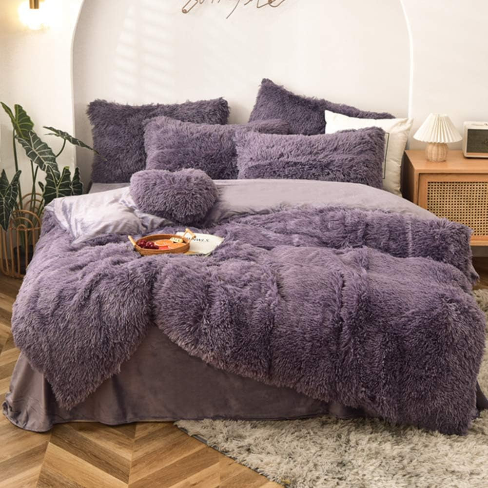 5 PCS Plush Shaggy Duvet Cover Sets, Luxury Shag Fluffy Comforter Cover Fuzzy Bedding Set - Long Faux Fur Ultra Soft Cozy (Dark Purple, King/California King)