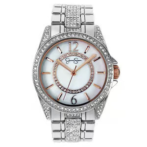 Womens Jessica Simpson Silver_Crystal MOP Bracelet Watch