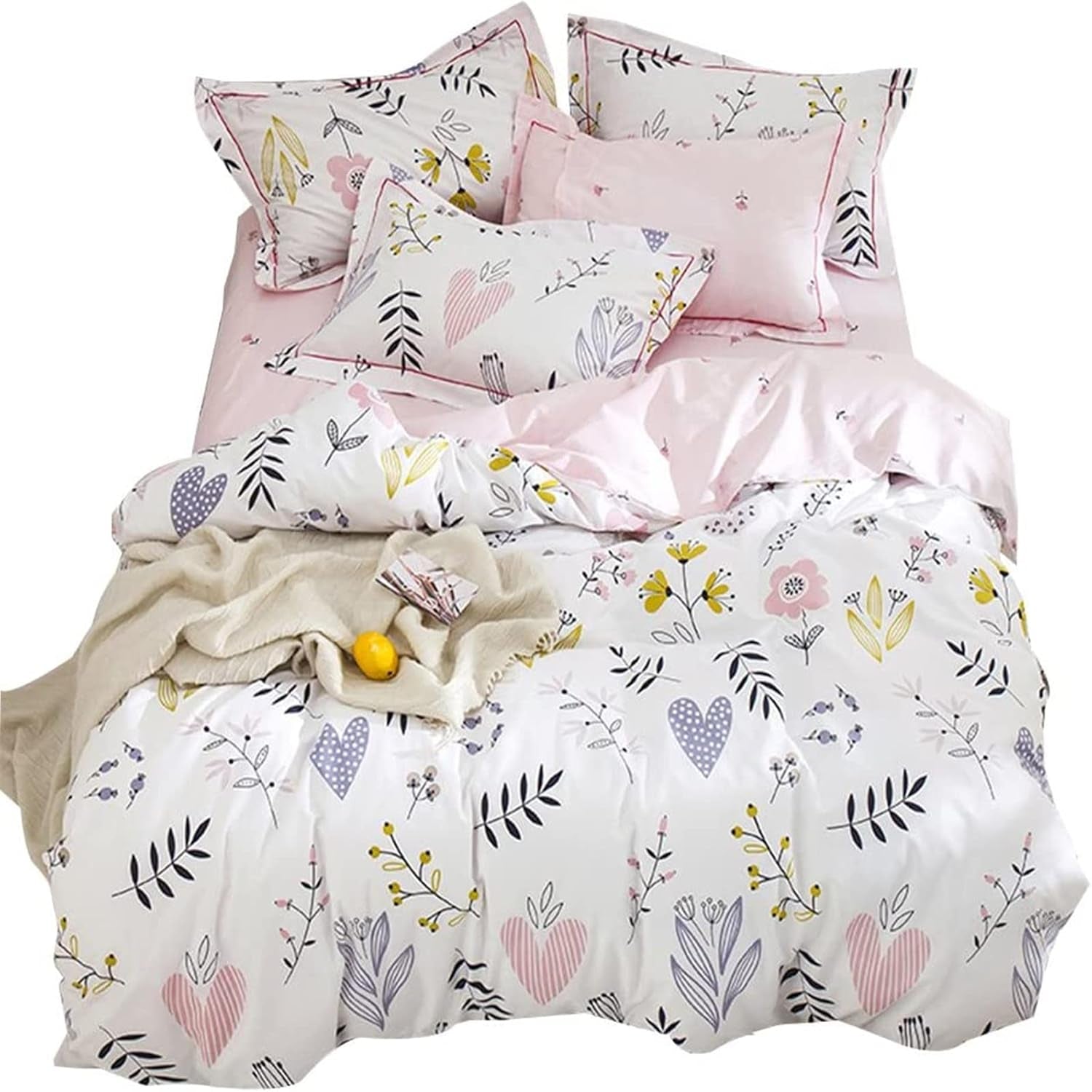 Soft Cartoon Floral Bedding Aesthetic Girls Duvet Cover Full Queen Pink Cotton Floral Comforter Cover for Toddler Women Kids Teen Bed Reversible Shabby Chic Flower Kawaii Bedding, No Comforter