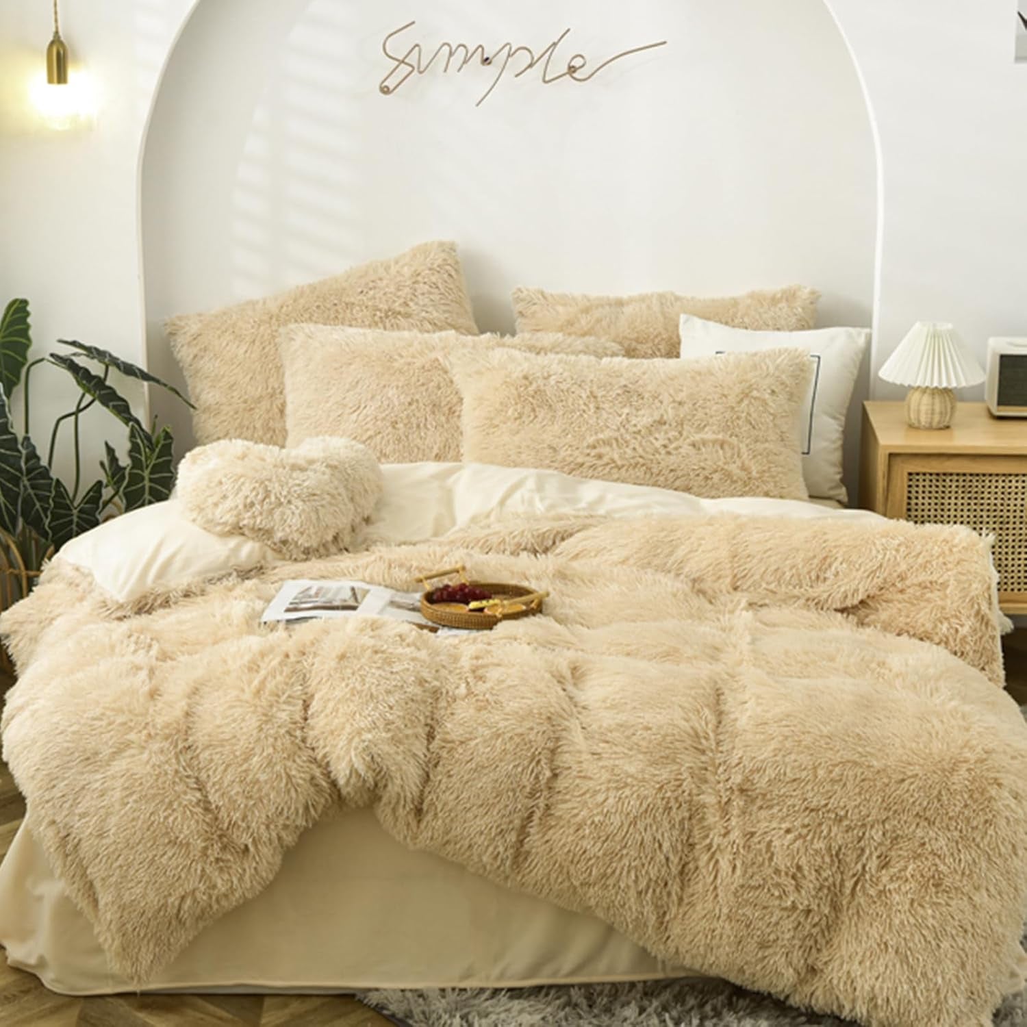 5 PCS Plush Shaggy Duvet Cover Sets, Luxury Shag Fluffy Comforter Cover Fuzzy Bedding Set - Long Faux Fur Ultra Soft Cozy (Khaki, Full/Queen)