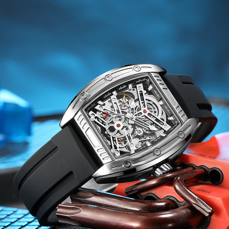 Luxury Wine Barrel Men’s Mechanical Watch – Sporty Silicone Band
