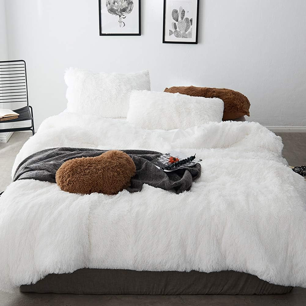 5 PCS Shaggy Duvet Cover Bedding Set - Long Faux Fur Luxury Ultra Soft (White, Full/Queen)