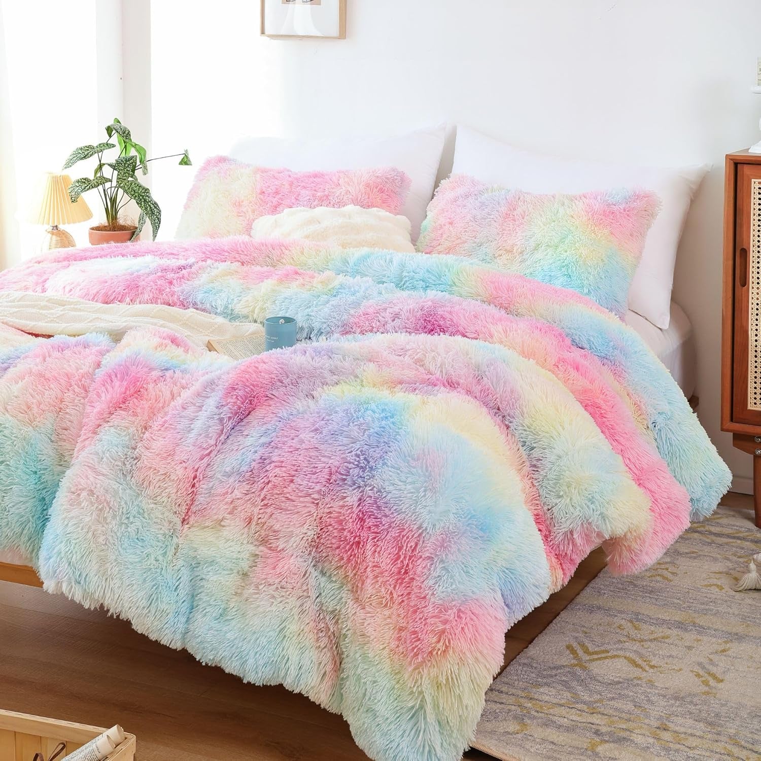 Fluffy Twin Comforter Set, Faux Fur Comforter Set, Luxury Fuzzy Twin Bedding Set, Soft Shaggy Bed Set for All Season, 2 Pieces - 1 Comforter & 1 Pillowcase, Tie-Dye Pink