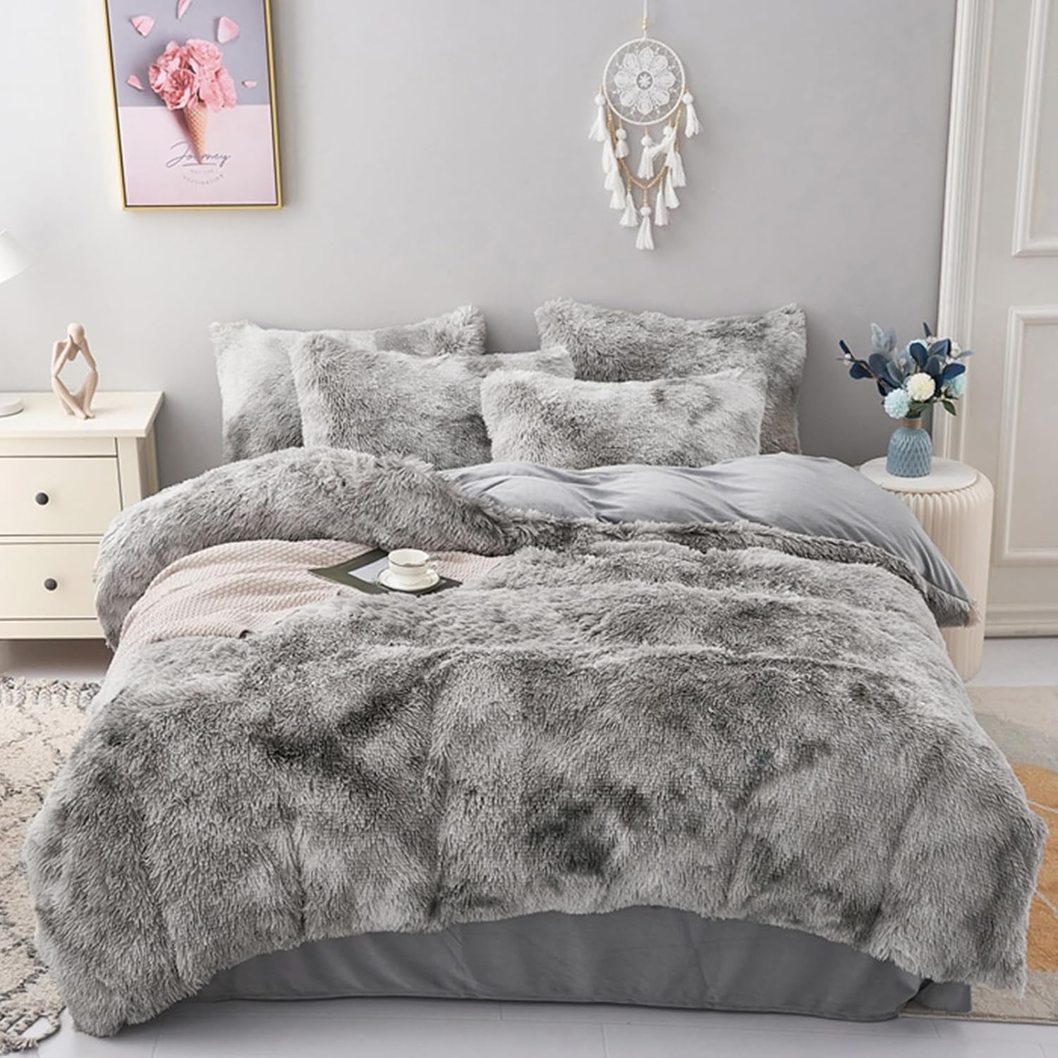 5 PCS Shaggy Duvet Cover Bedding Set - Fluffy Comforter Cover Long Faux Fur Luxury Ultra Soft Cozy (Marble Gray, Full/Queen)