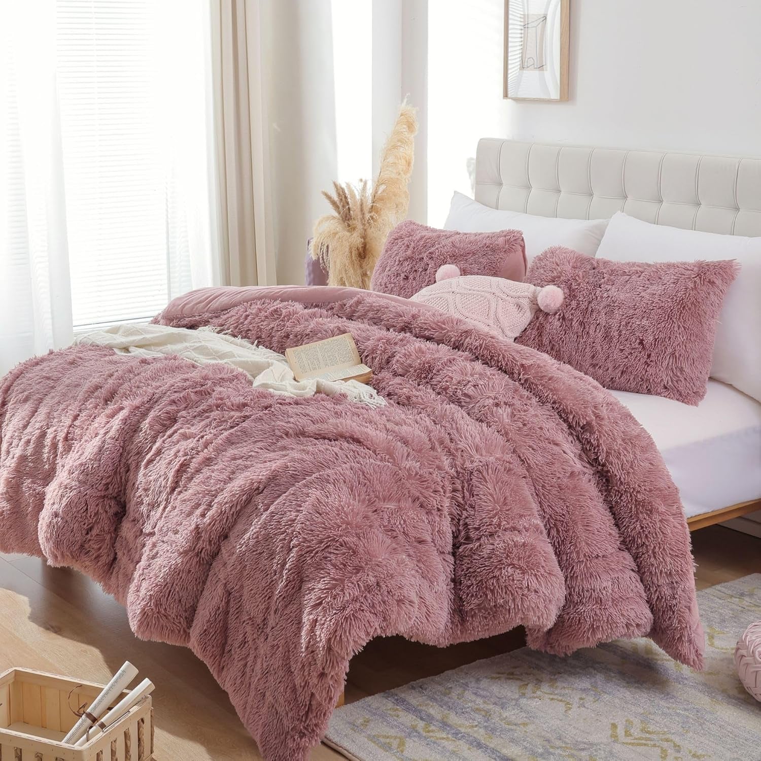 Fluffy Twin Comforter Set, Faux Fur Comforter Set, Luxury Fuzzy Twin Bedding Set, Soft Shaggy Bed Set for All Season, 2 Pieces - 1 Comforter & 1 Pillowcase, Violet Pink