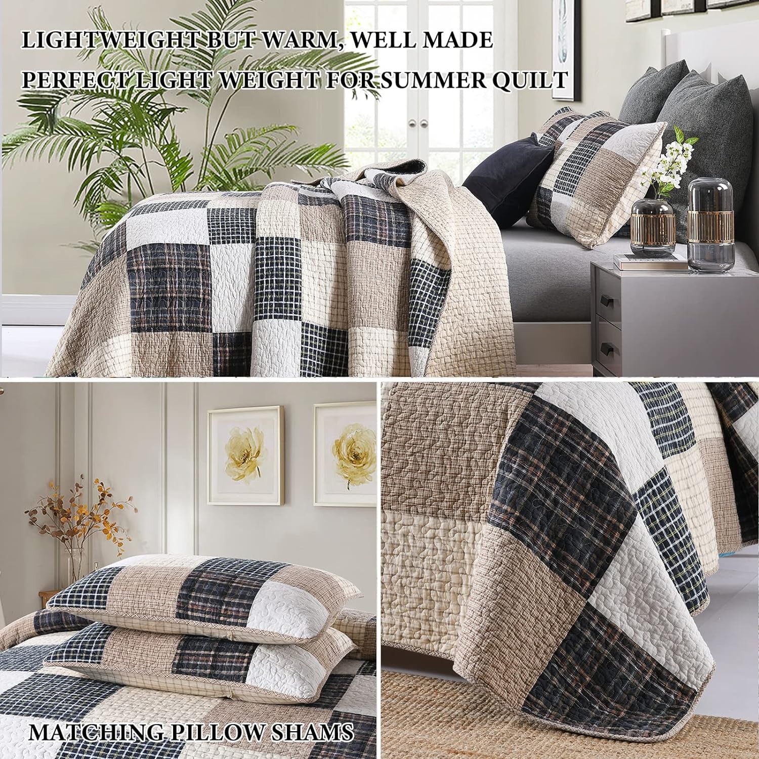 Quilt King Size - 3 Piece Cotton Quilts Lightweight Bedspreads Farmhouse Plaid King Size Quilt Cozy Reversible Quilt Bedding Set All Season, Grey Black Brown White