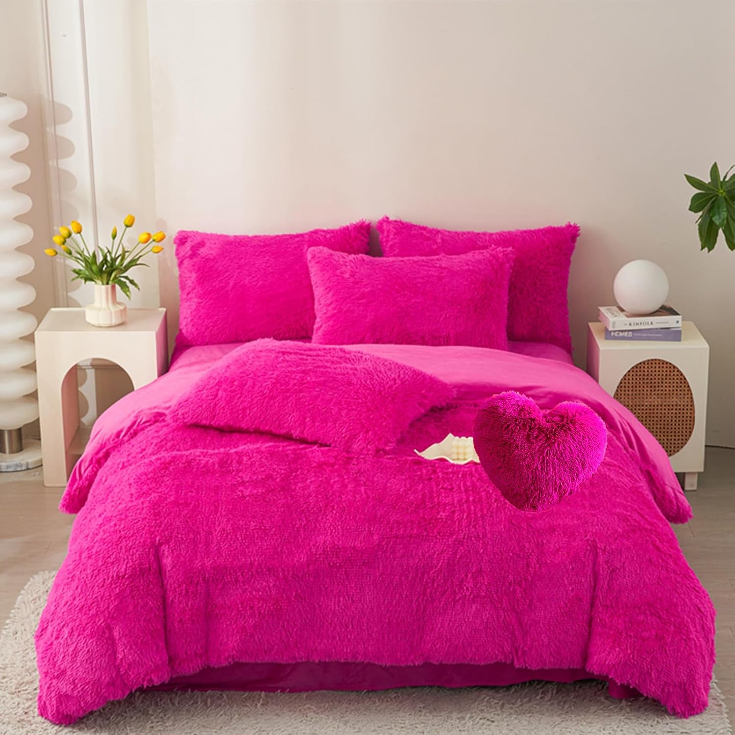 5 PCS Shaggy Duvet Cover Bedding Set - Fluffy Comforter Cover Long Faux Fur Luxury Ultra Soft Cozy (Hot Pink, King/California King)