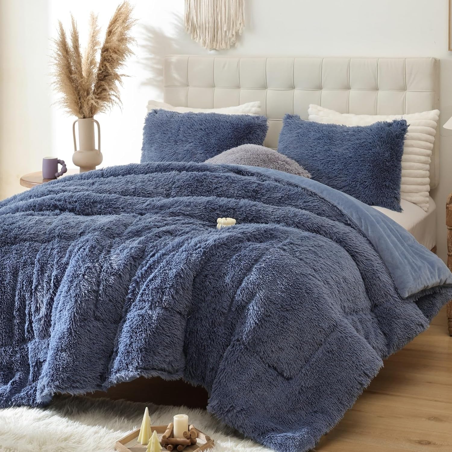 Fluffy King Size Comforter Set, Faux Fur Comforter Set, Luxury Fuzzy King Bedding Set, Soft Shaggy Bed Set for All Season, 3 Pieces - 1 Comforter & 2 Pillowcases, Infinite Blue