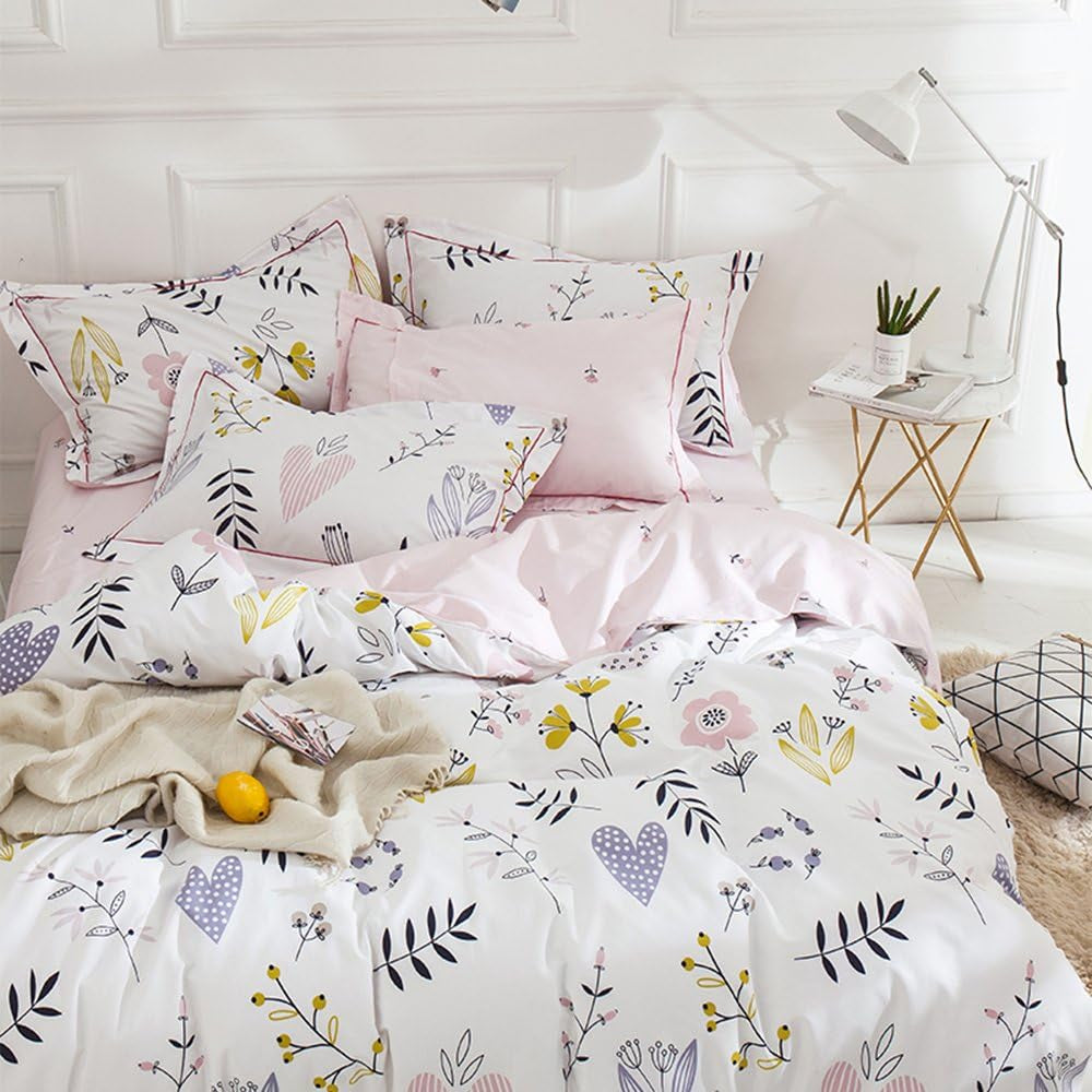 Soft Cartoon Floral Bedding Aesthetic Girls Duvet Cover Full Queen Pink Cotton Floral Comforter Cover for Toddler Women Kids Teen Bed Reversible Shabby Chic Flower Kawaii Bedding, No Comforter