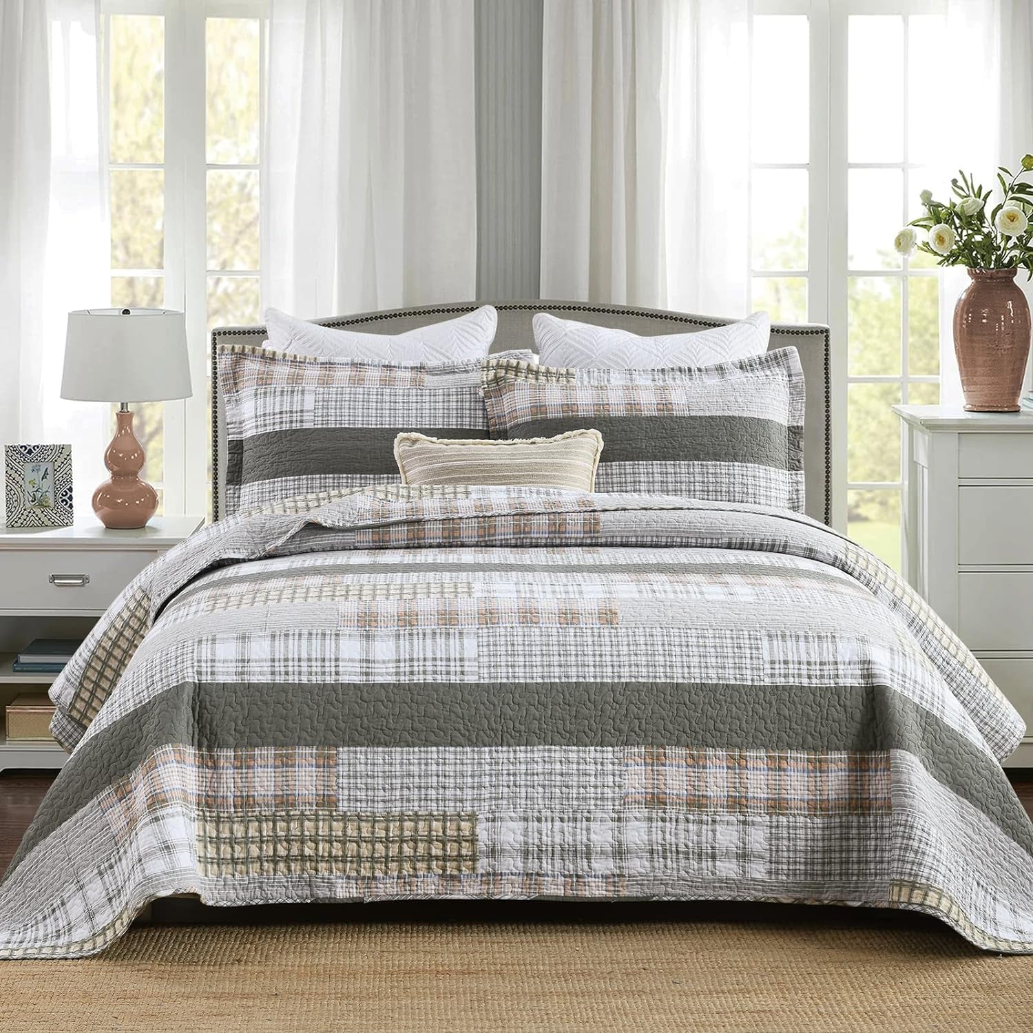Quilts Queen Size - 100% Cotton Greyish Green Queen Quilt Farmhouse Plaid Quilted Bedspread, 3 Pieces Lightweight Reversible Queen Size Quilt Bedding Set for All Season