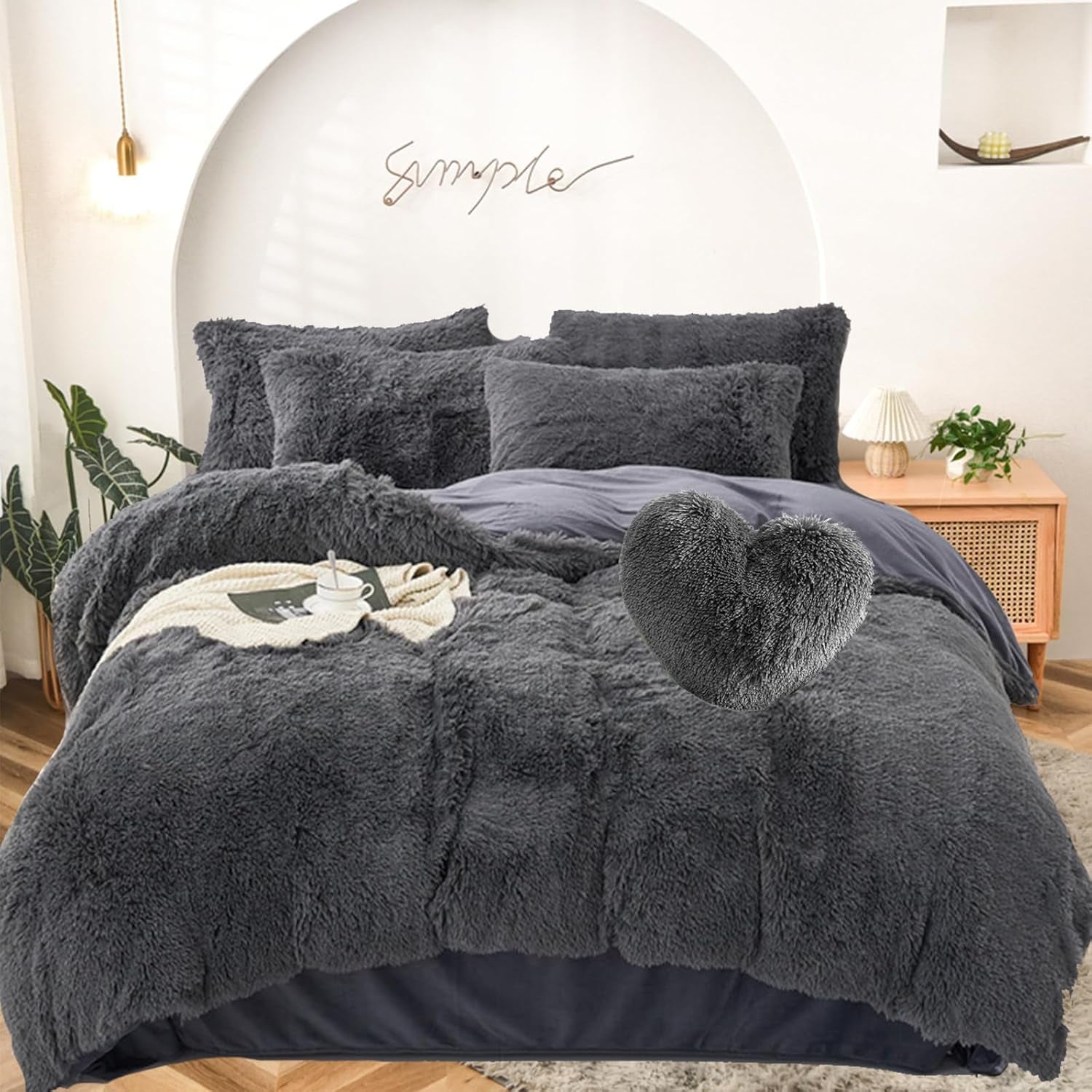 5 PCS Shaggy Duvet Cover Bedding Set - Fluffy Comforter Cover Long Faux Fur Luxury Ultra Soft Cozy (Grey, King/California King)