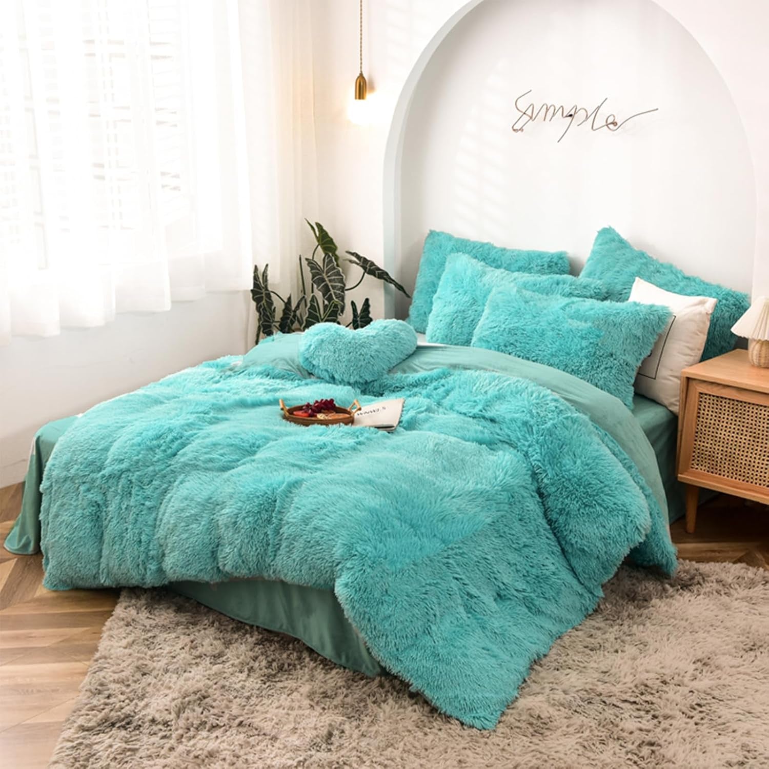 5 PCS Shaggy Duvet Cover Bedding Set - Fluffy Comforter Cover Long Faux Fur Luxury Ultra Soft Cozy (Marble Beige, Full/Queen)