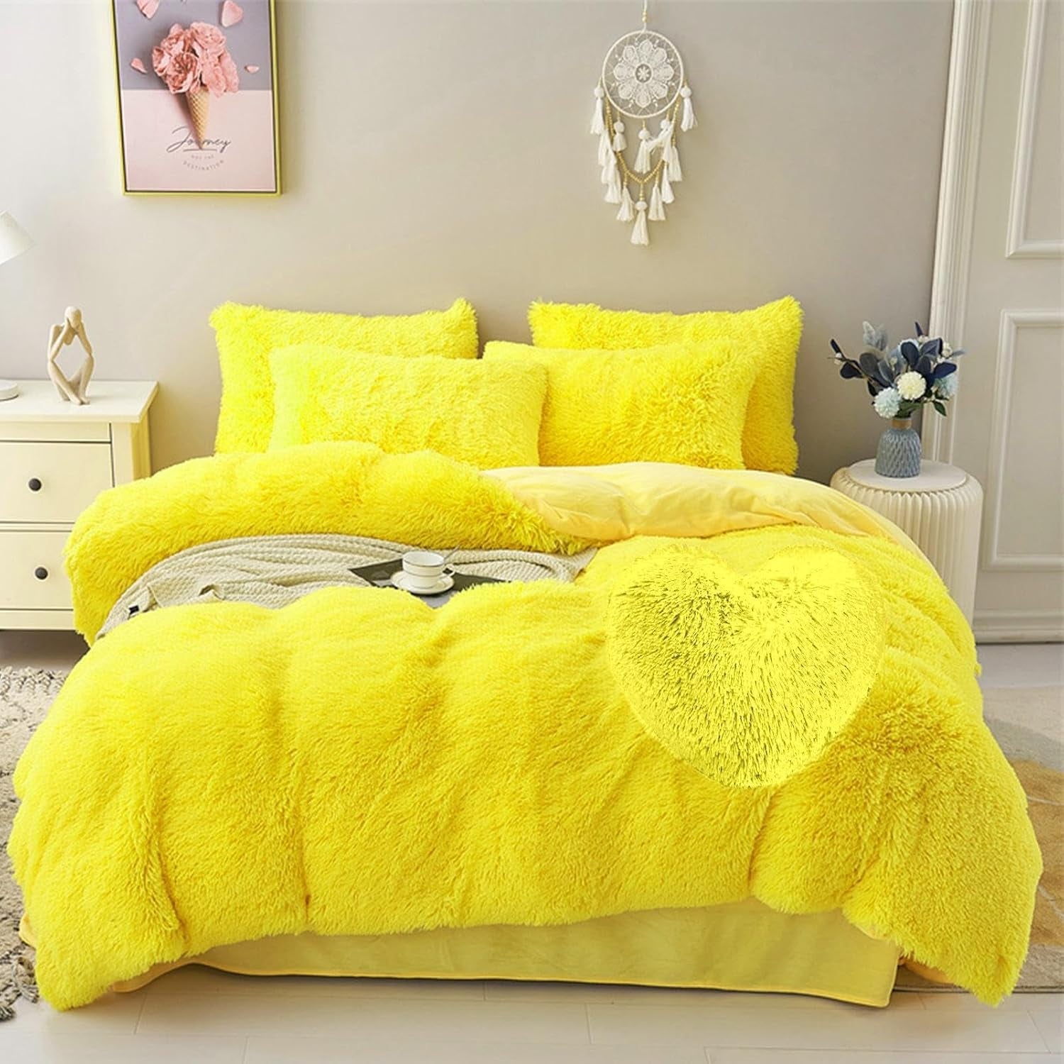 5 PCS Shaggy Duvet Cover Bedding Set - Fluffy Comforter Cover Long Faux Fur Luxury Ultra Soft Cozy (Yellow, King/California King)