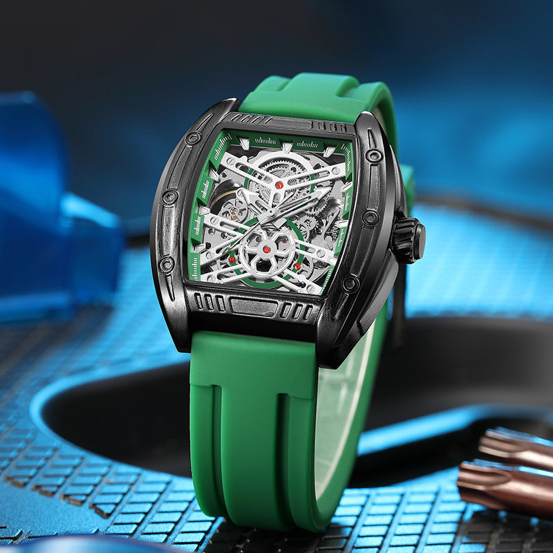 Luxury Wine Barrel Men’s Mechanical Watch – Sporty Silicone Band