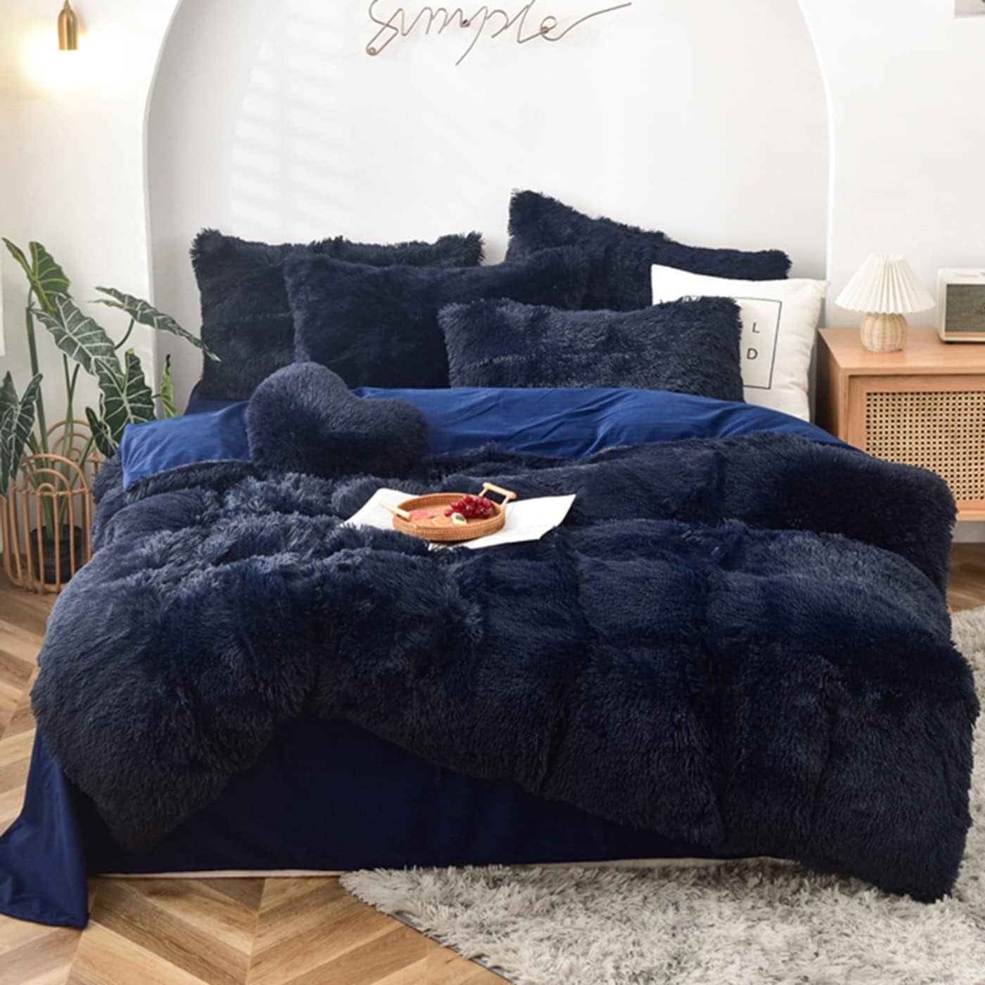 5 PCS Shaggy Duvet Cover Bedding Set - Long Faux Fur Luxury Ultra Soft (Navy, Full/Queen)