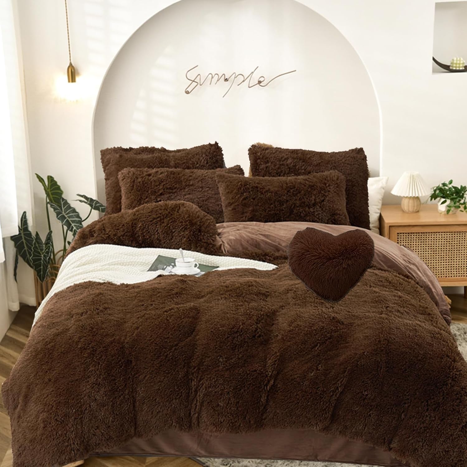 5 PCS Shaggy Duvet Cover Bedding Set - Fluffy Comforter Cover Long Faux Fur Luxury Ultra Soft Cozy (Brown, King/California King)