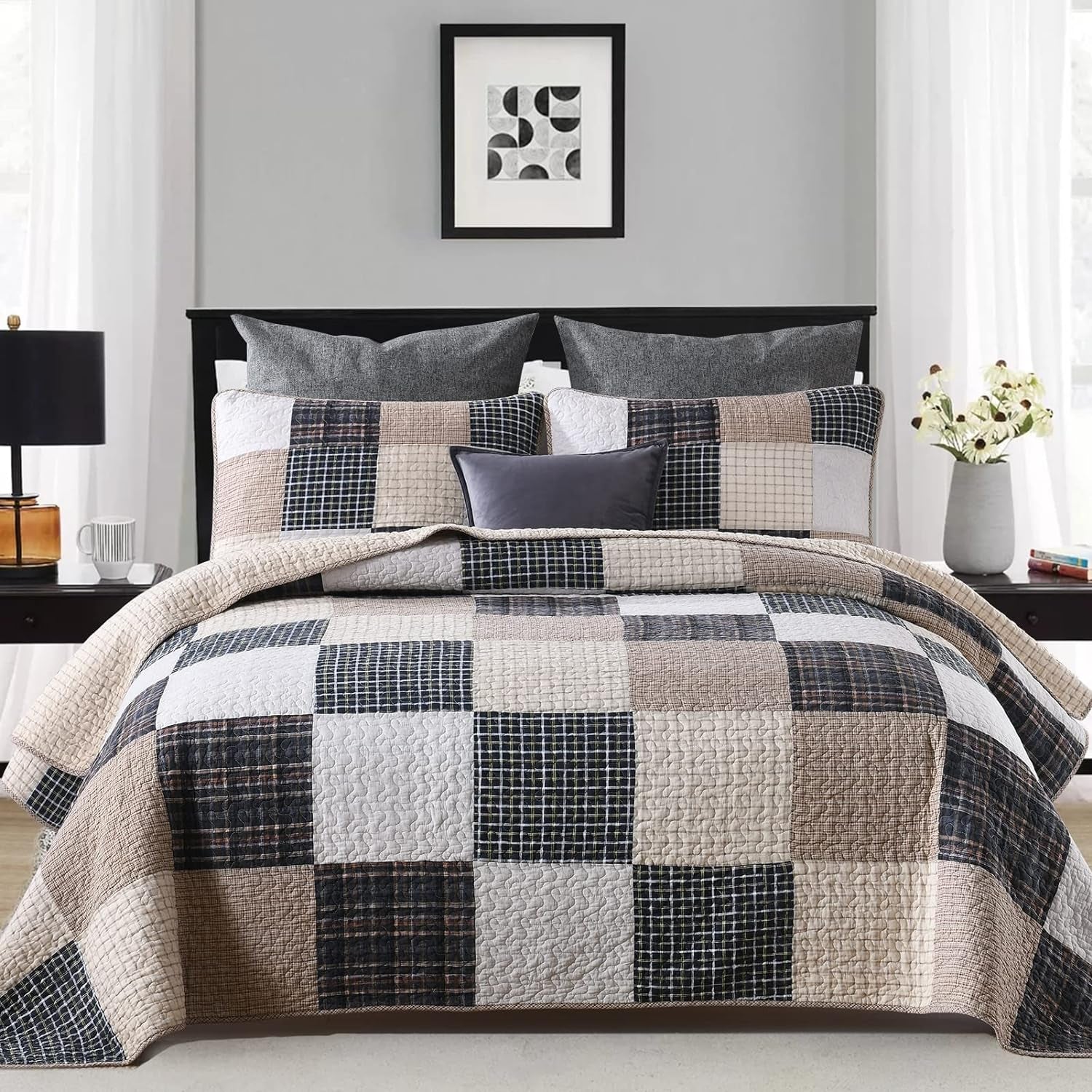 Quilts Queen Size - 100% Cotton Greyish Green Queen Quilt Farmhouse Plaid Quilted Bedspread, 3 Pieces Lightweight Reversible Queen Size Quilt Bedding Set for All Season
