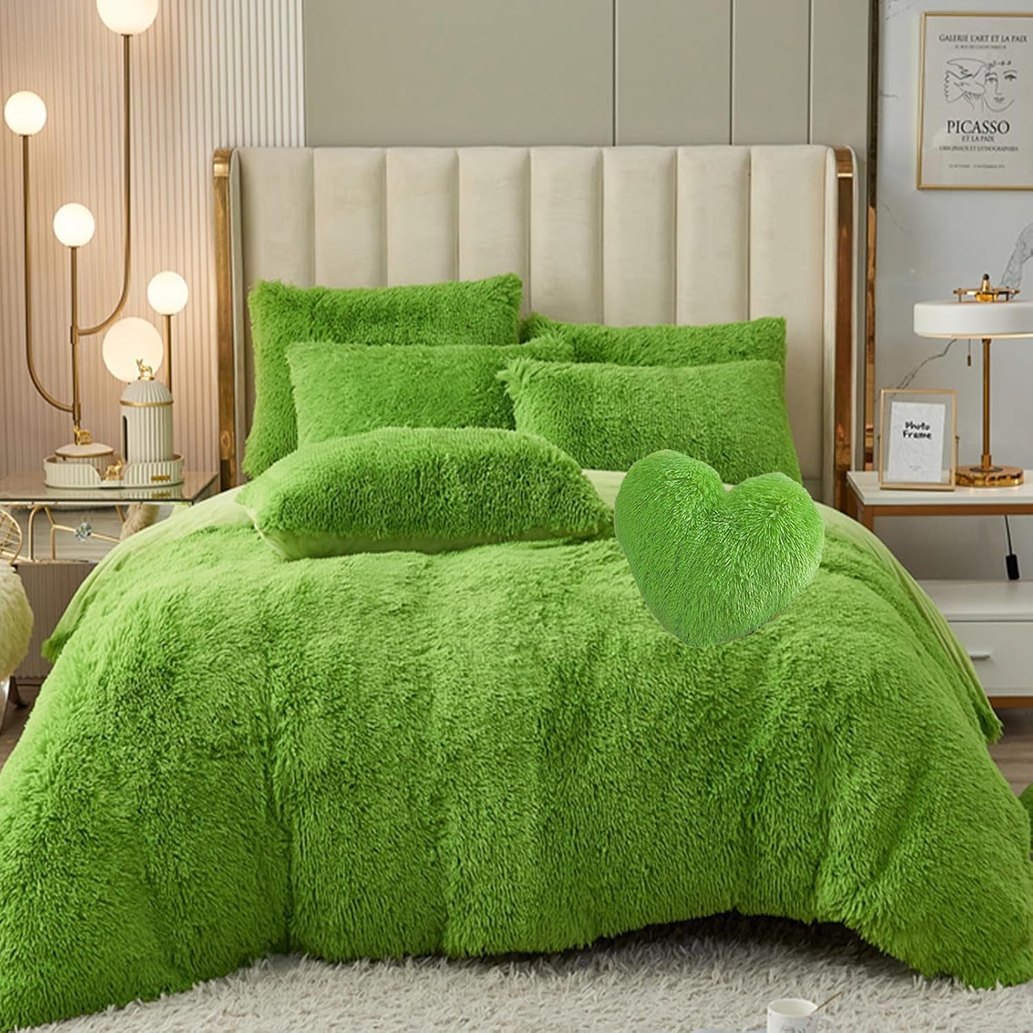 5 PCS Shaggy Duvet Cover Bedding Set - Fluffy Comforter Cover Long Faux Fur Luxury Ultra Soft Cozy (Green, King/California King)