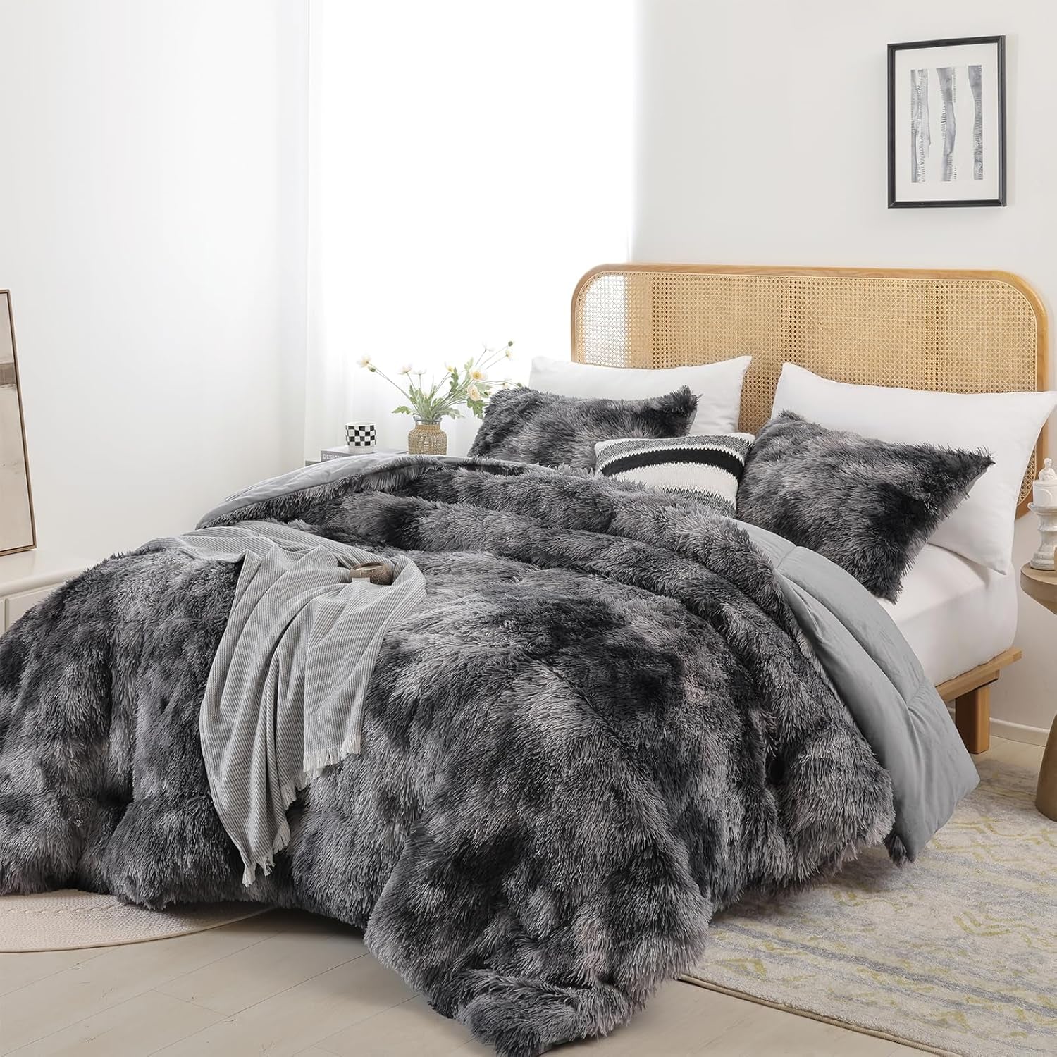 Fluffy Twin Comforter Set, Faux Fur Comforter Set White, Luxury Fuzzy Twin Bedding Set Pink, Soft Shaggy Bed Set for All Season, 2 Pieces - 1 Comforter & 1 Pillowcase, Tie-Dye Grey