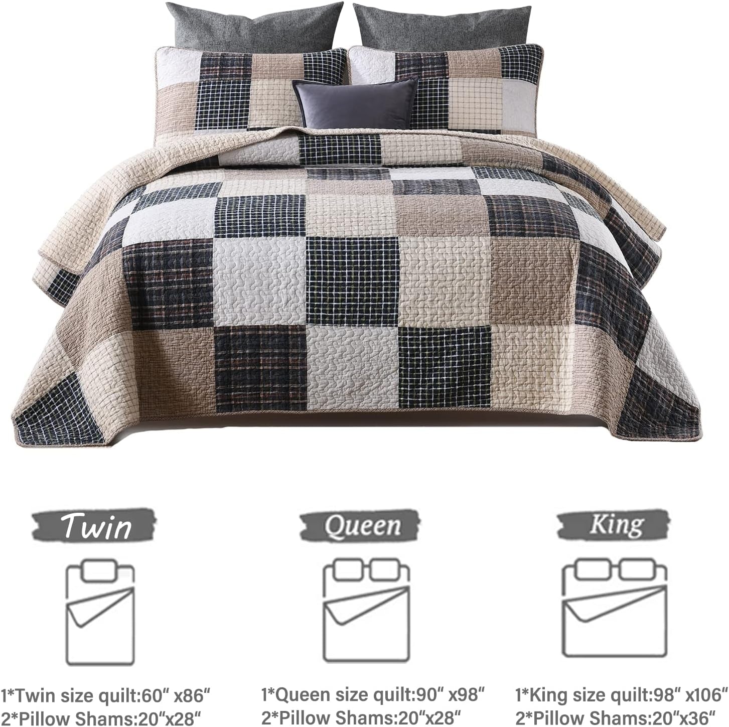 Quilt Queen Size - 100% Cotton Queen Bed Quilt, Grey Striped Reversible Bedspread for All Season, 3-Piece